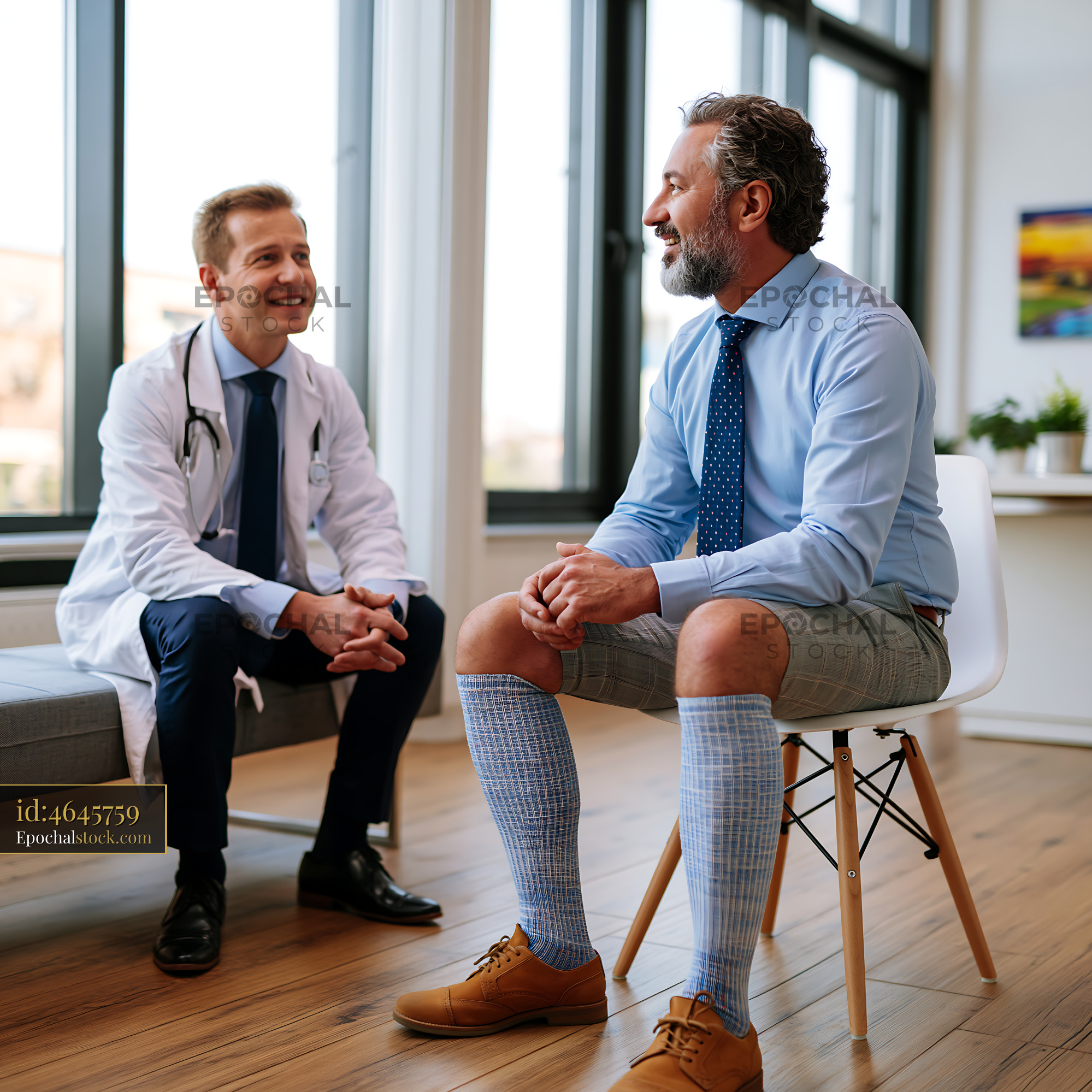 Watermarked full-resolution preview of Doctor and patient consulting in a modern office setting