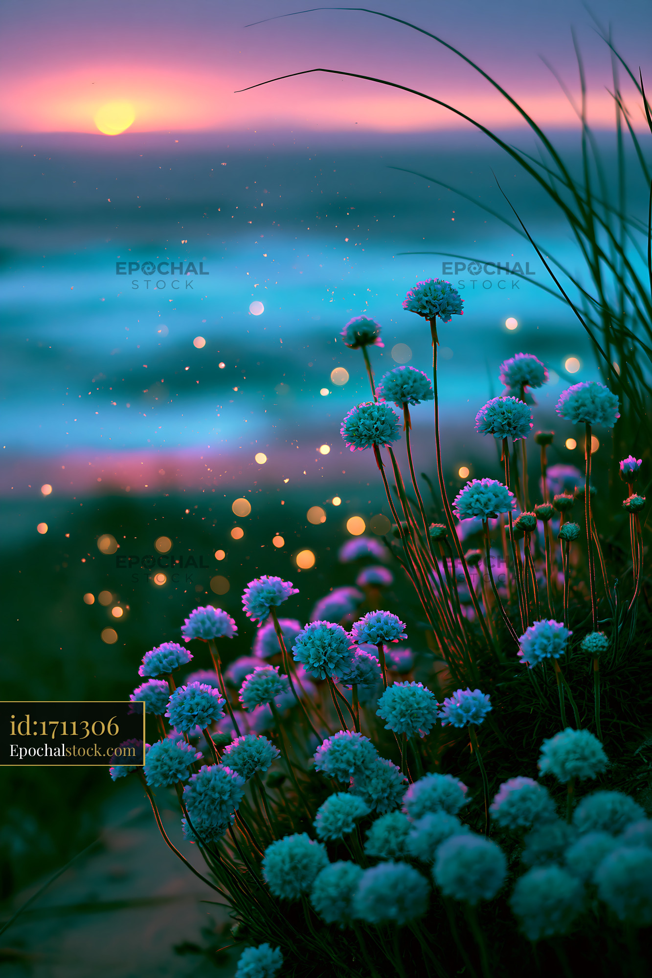 Watermarked full-resolution preview of Flowers by the beach during sunset with waves and sparkles