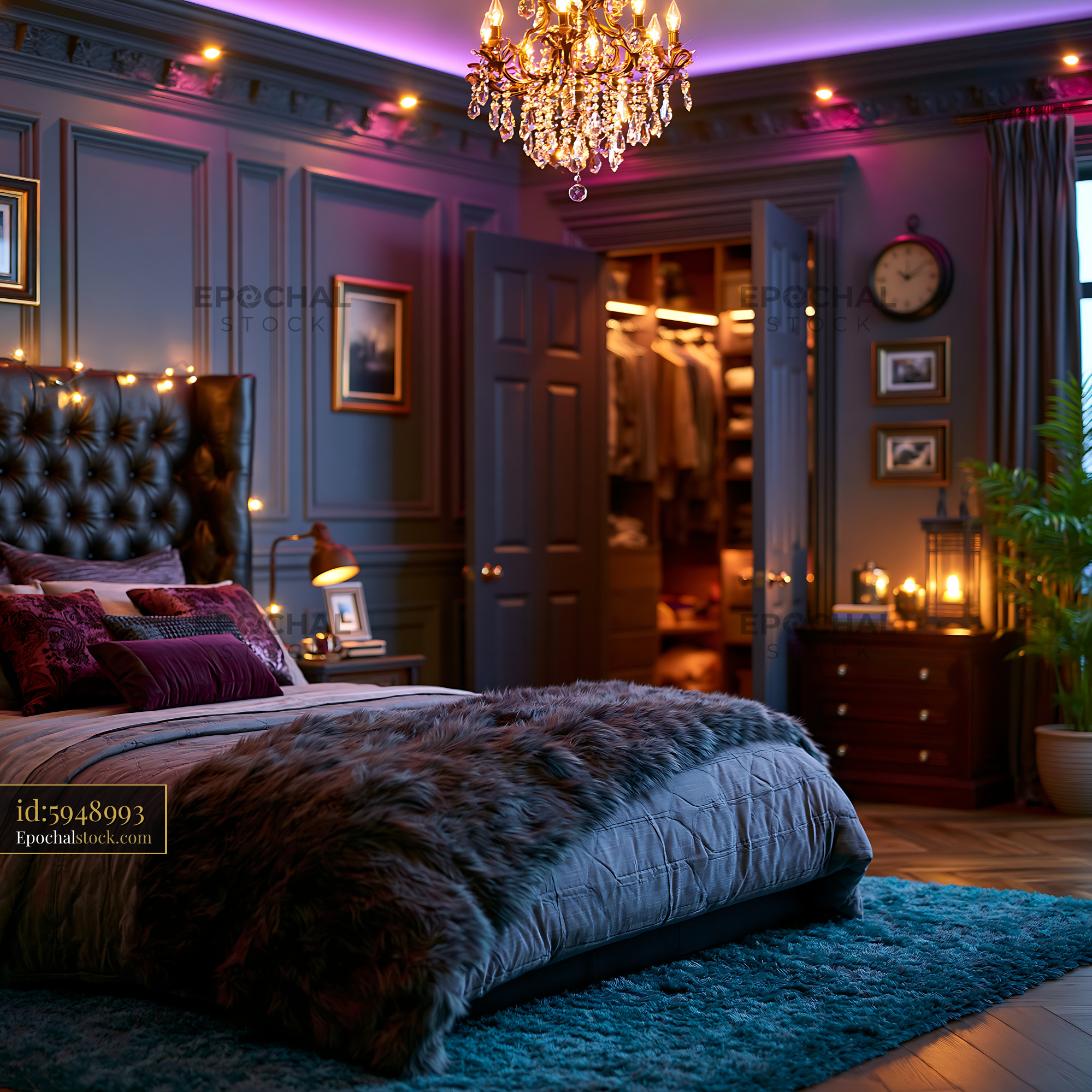Watermarked full-resolution preview of Cozy bedroom with colorful lighting and elegant decor