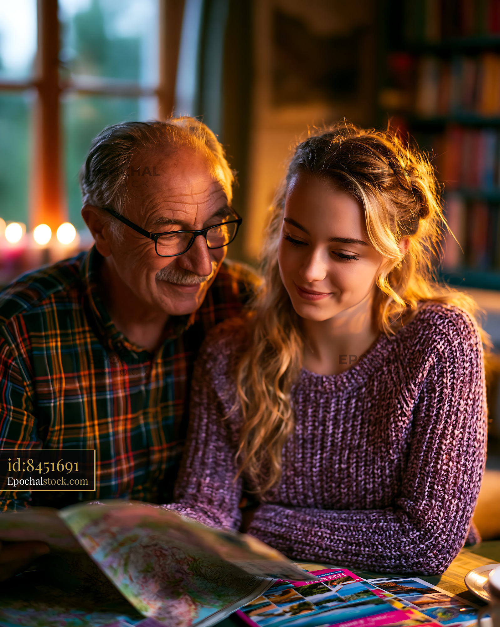 Watermarked full-resolution preview of Elderly man and young woman looking at a map in a cozy room