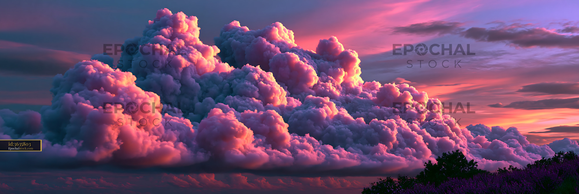 Watermarked full-resolution preview of Colorful clouds in the evening sky over a valley with trees