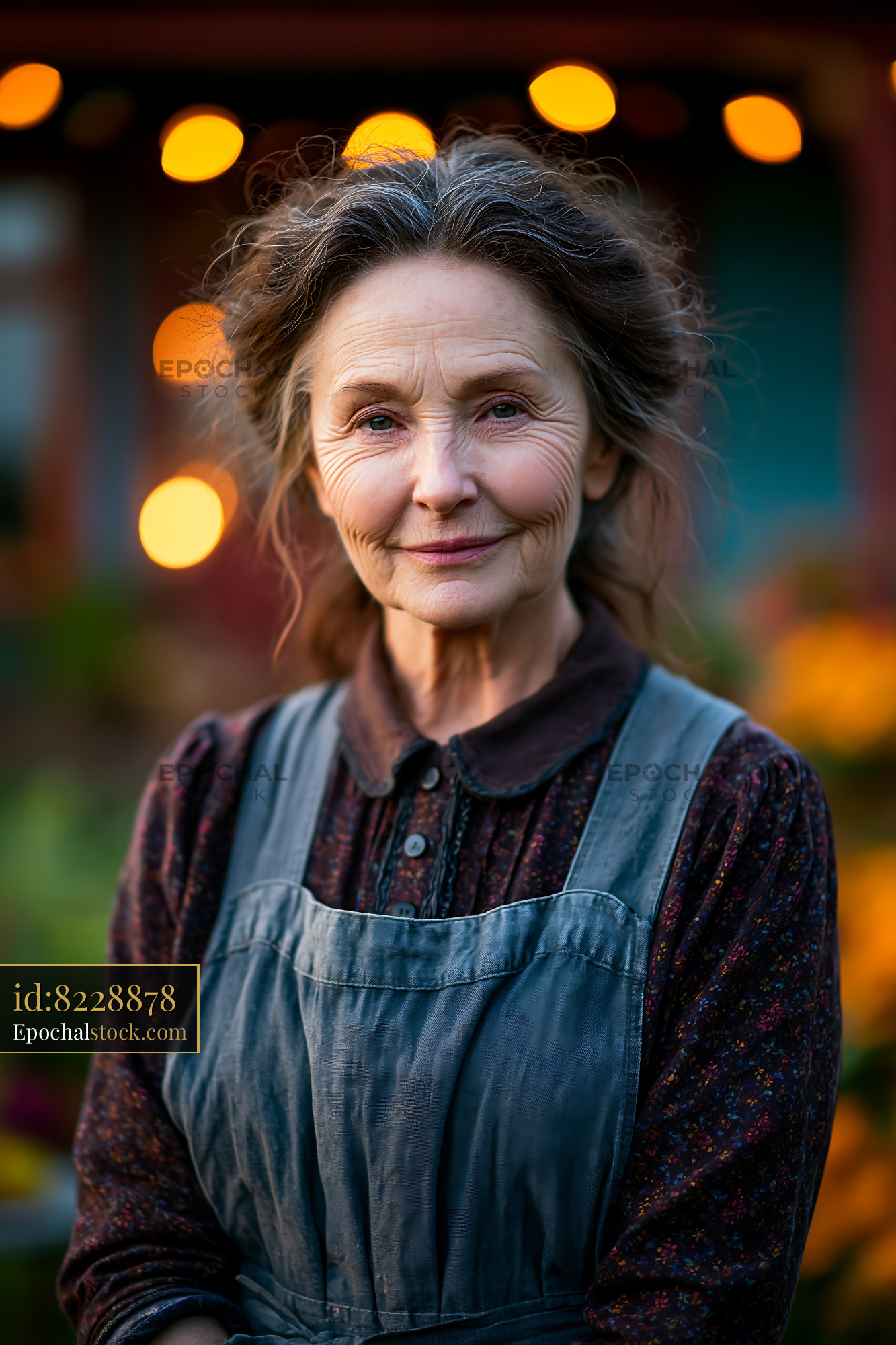 Watermarked full-resolution preview of Elderly woman standing outdoors with soft lighting in the background