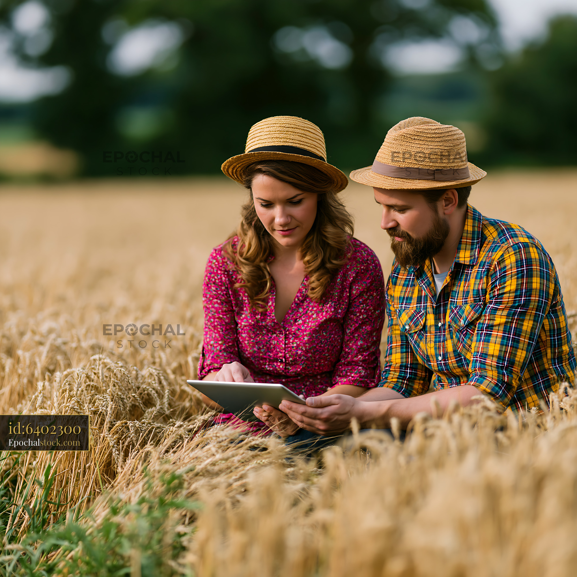 Watermarked full-resolution preview of Couple using tablet in a wheat field during sunny weather