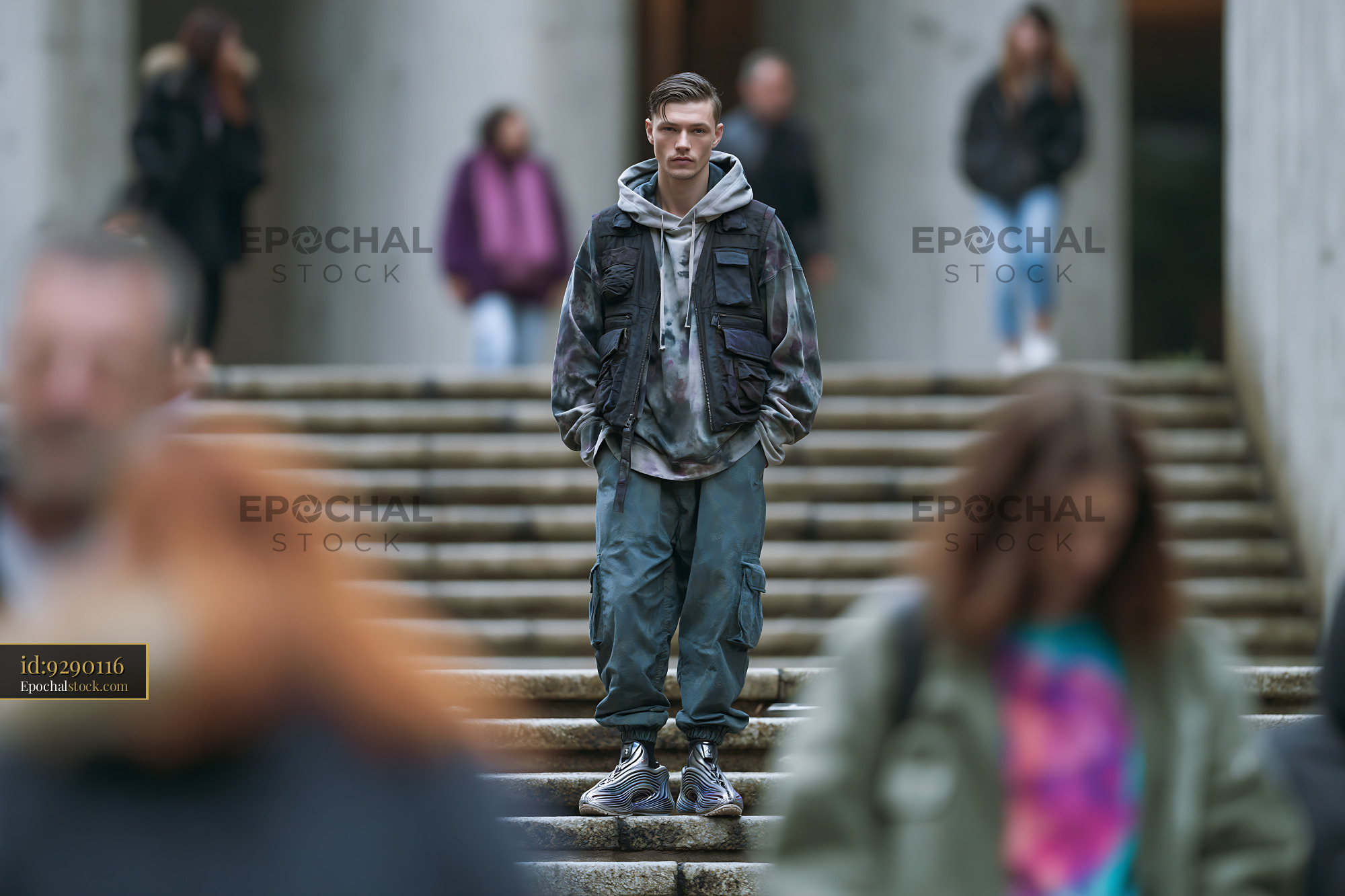 Man in Tactical Vest Standing on Stairs in Urban Setting - stock photo