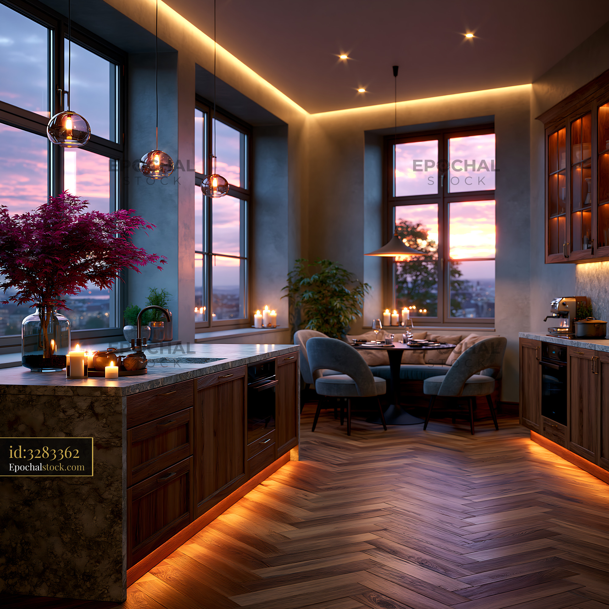 Watermarked full-resolution preview of Modern kitchen with sunset view and warm lighting