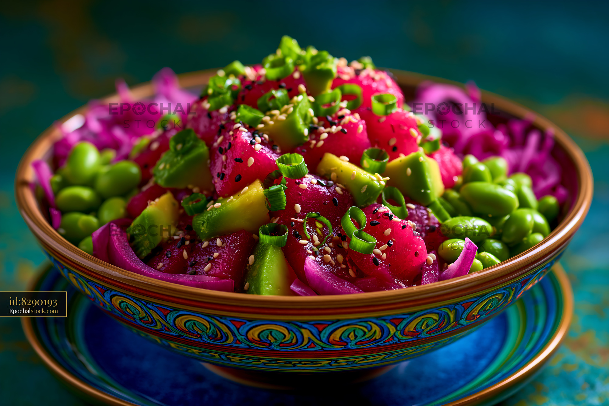 Watermarked full-resolution preview of Colorful bowl of poke salad with fresh ingredients