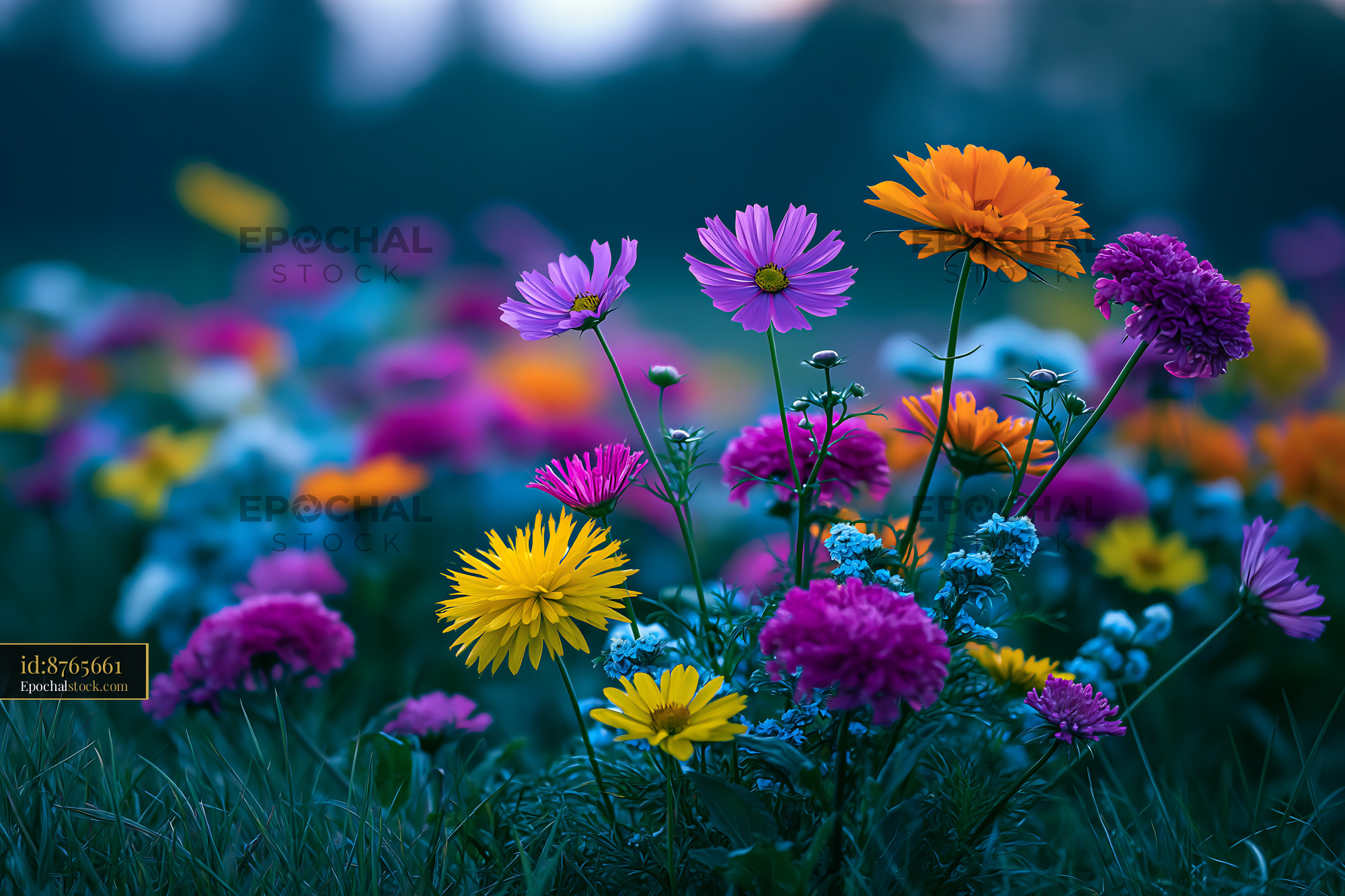 Watermarked full-resolution preview of Colorful flowers in a vibrant field during sunset