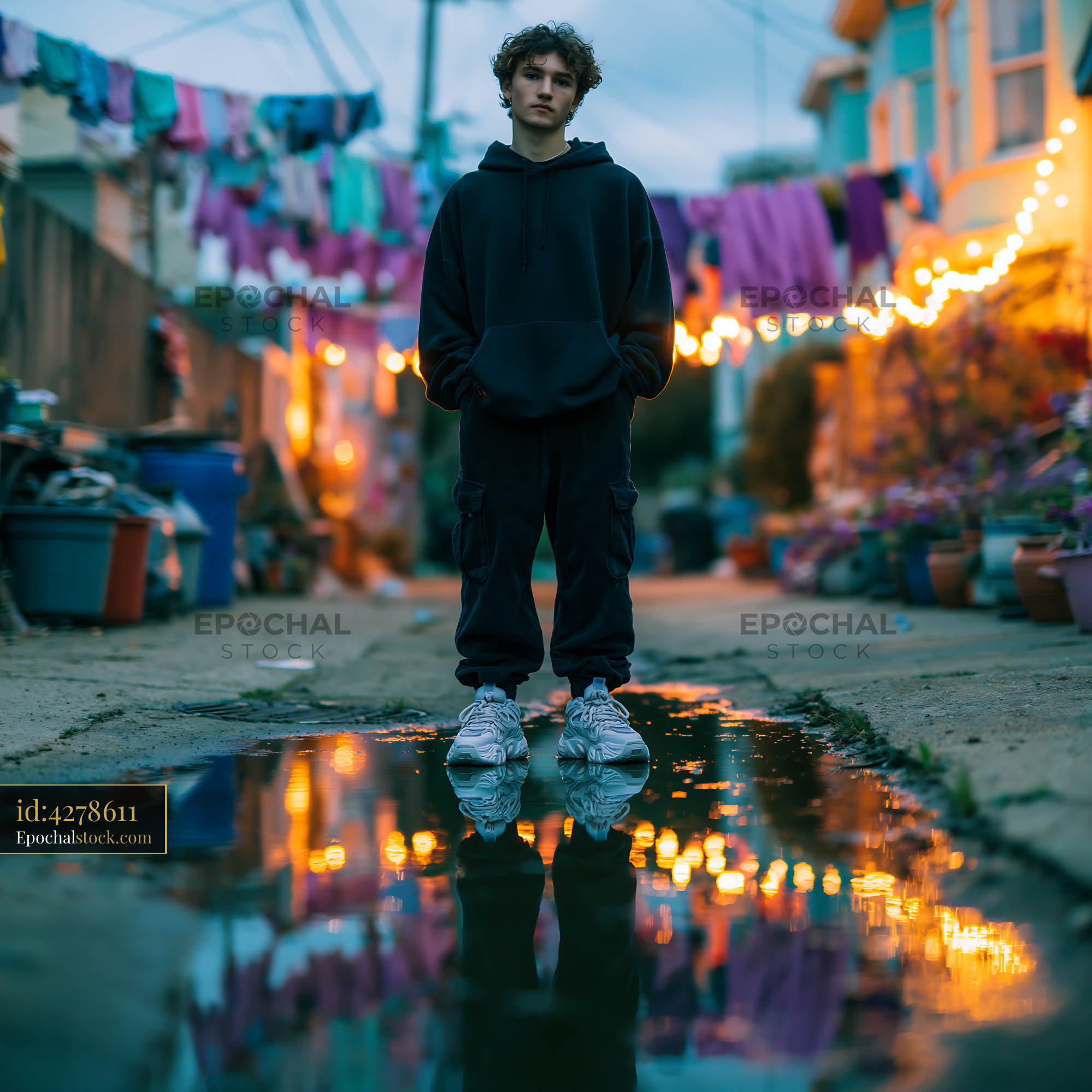 Watermarked full-resolution preview of Young man standing in alley with puddle and colorful clotheslines