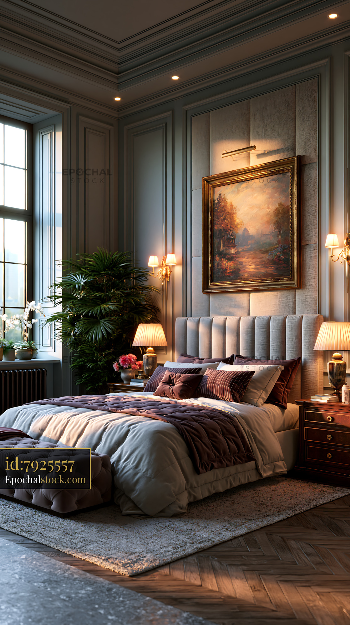 Watermarked full-resolution preview of Elegant bedroom with large windows and artwork on the walls