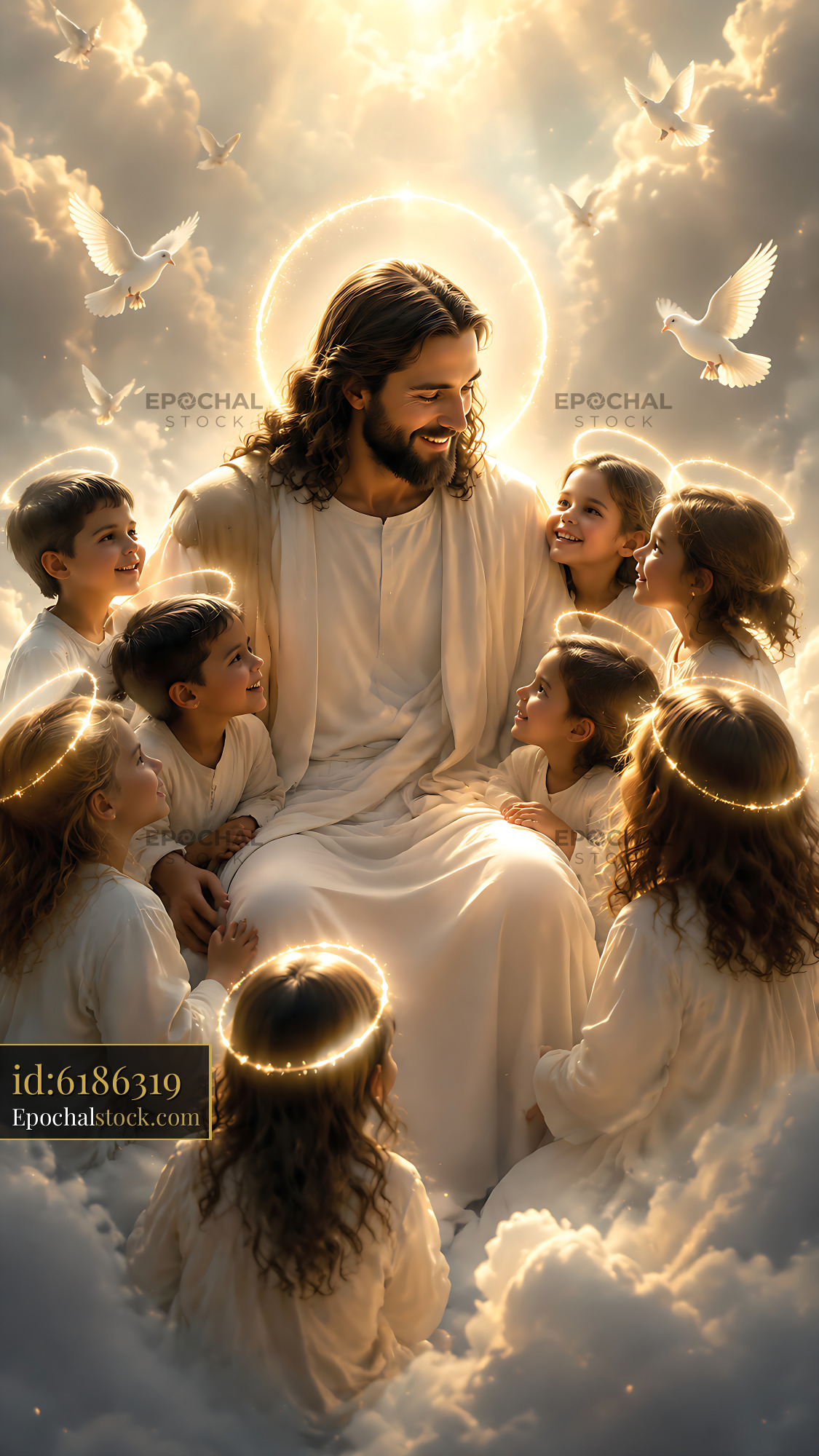 Watermarked full-resolution preview of Jesus surrounded by children in clouds