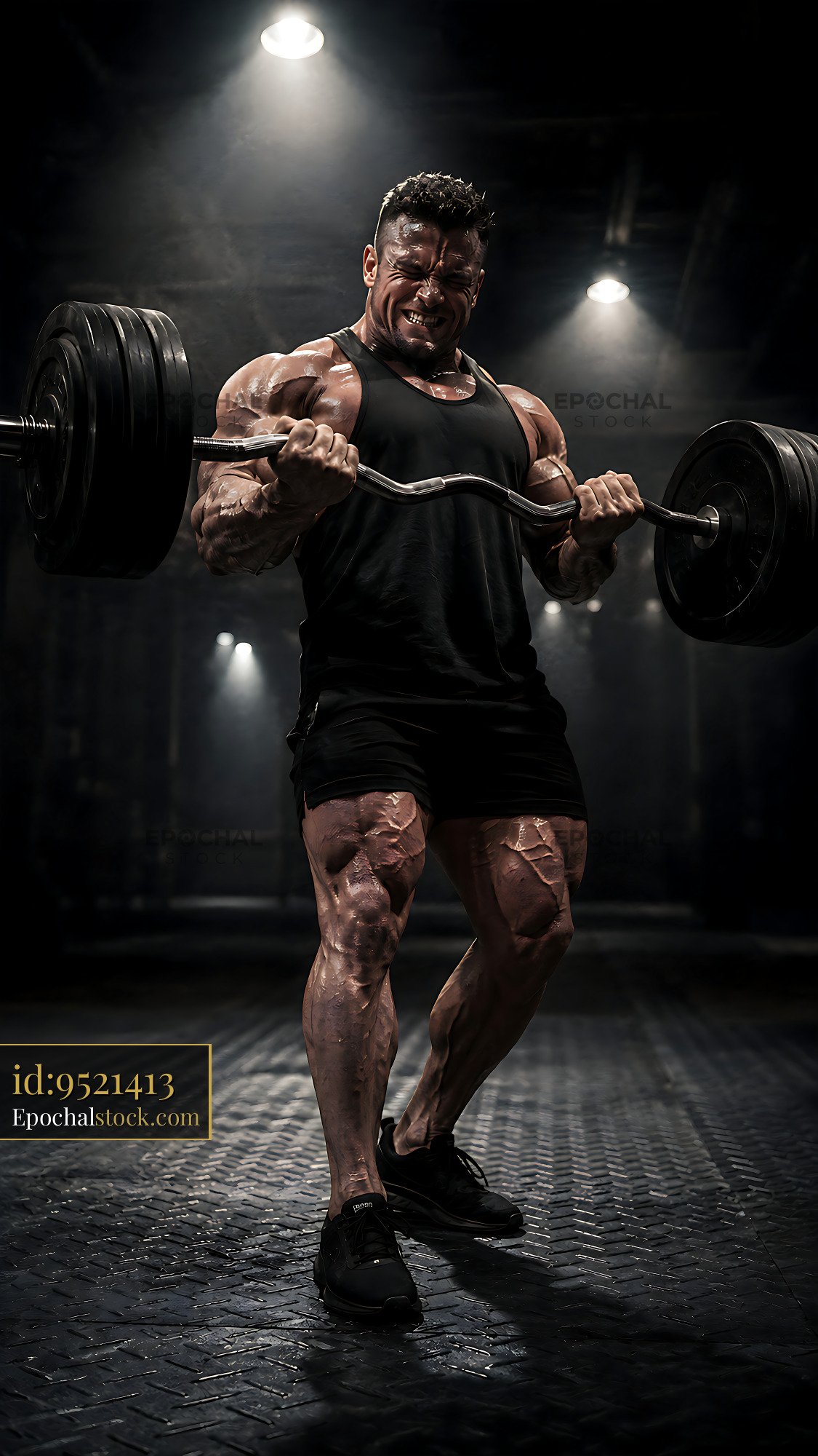 Watermarked full-resolution preview of Weightlifter training in gym with heavy barbell