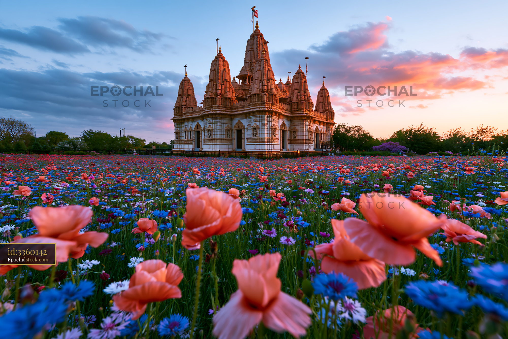 Watermarked full-resolution preview of Temple surrounded by flowers at sunset in a vibrant landscape