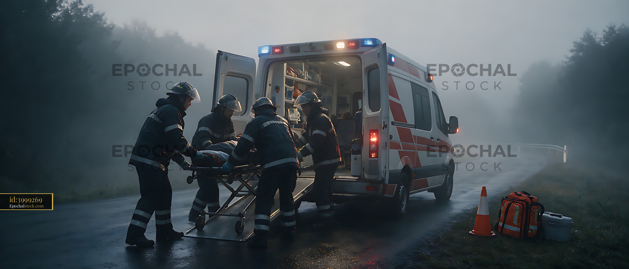 Watermarked full-resolution preview of Four responders loading a stretcher into an ambulance