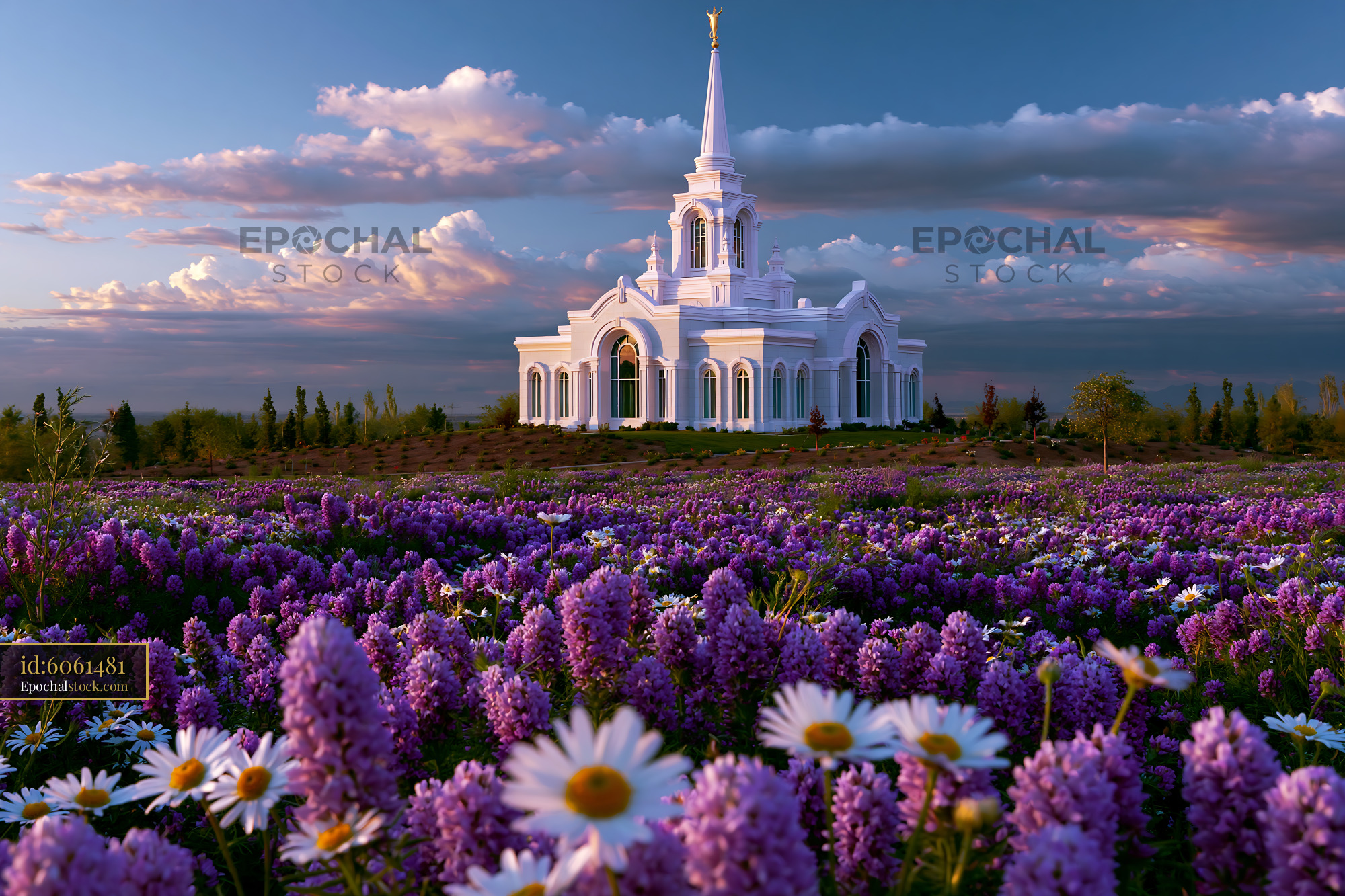 Watermarked full-resolution preview of Flower field with white church and clouds at sunset