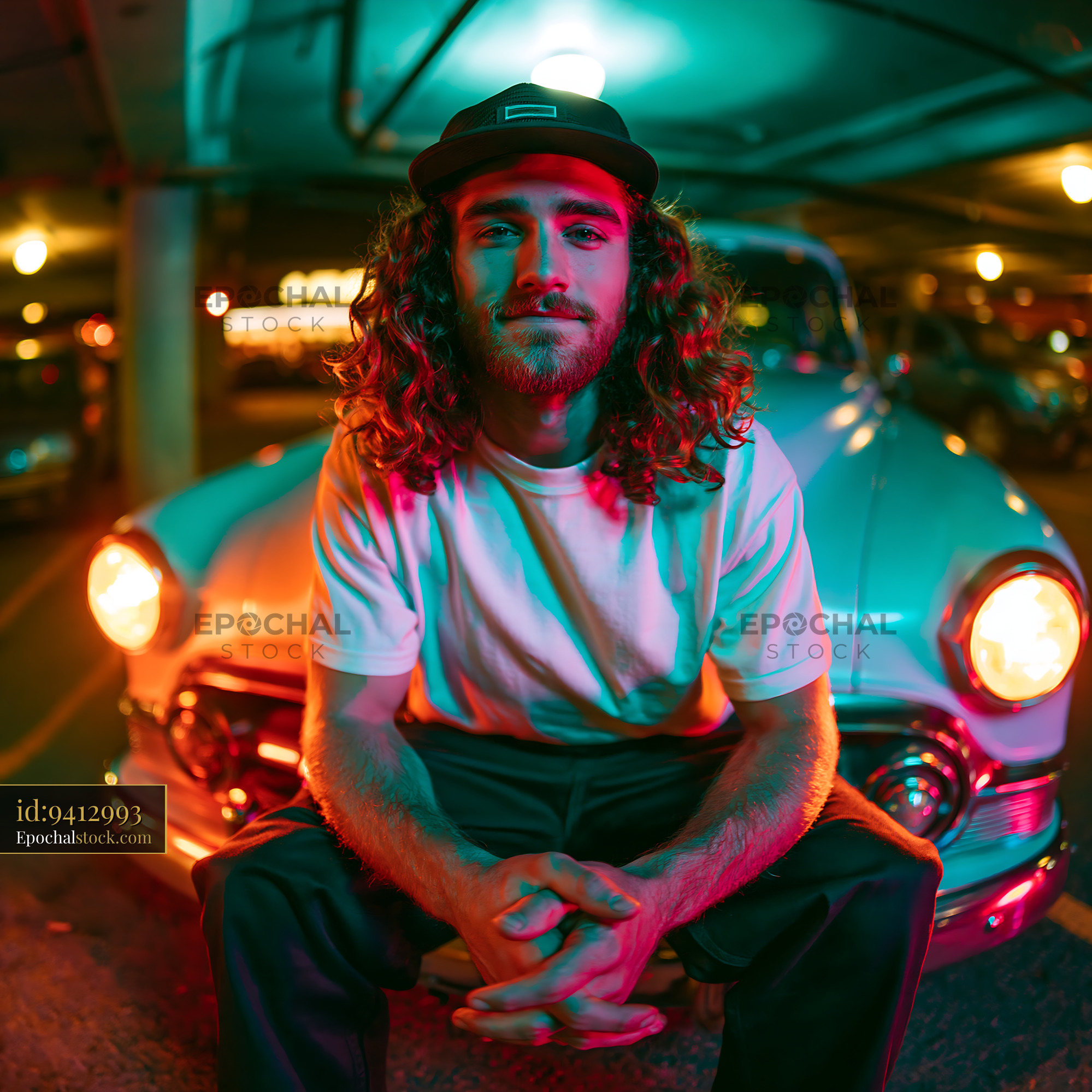 Watermarked full-resolution preview of Man sitting on classic car in parking garage at night