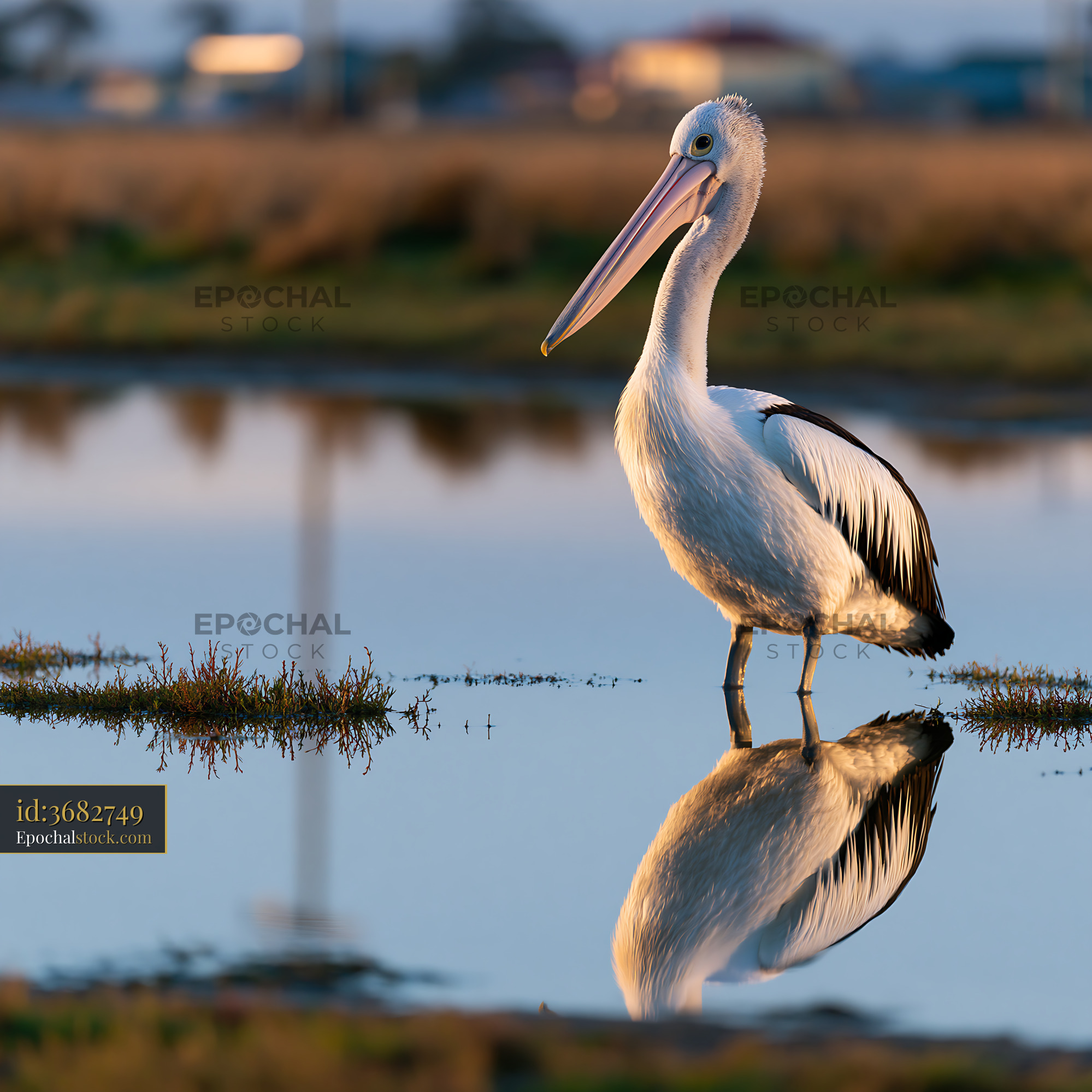 Watermarked full-resolution preview of Pelican reflected in calm coastal lagoon water