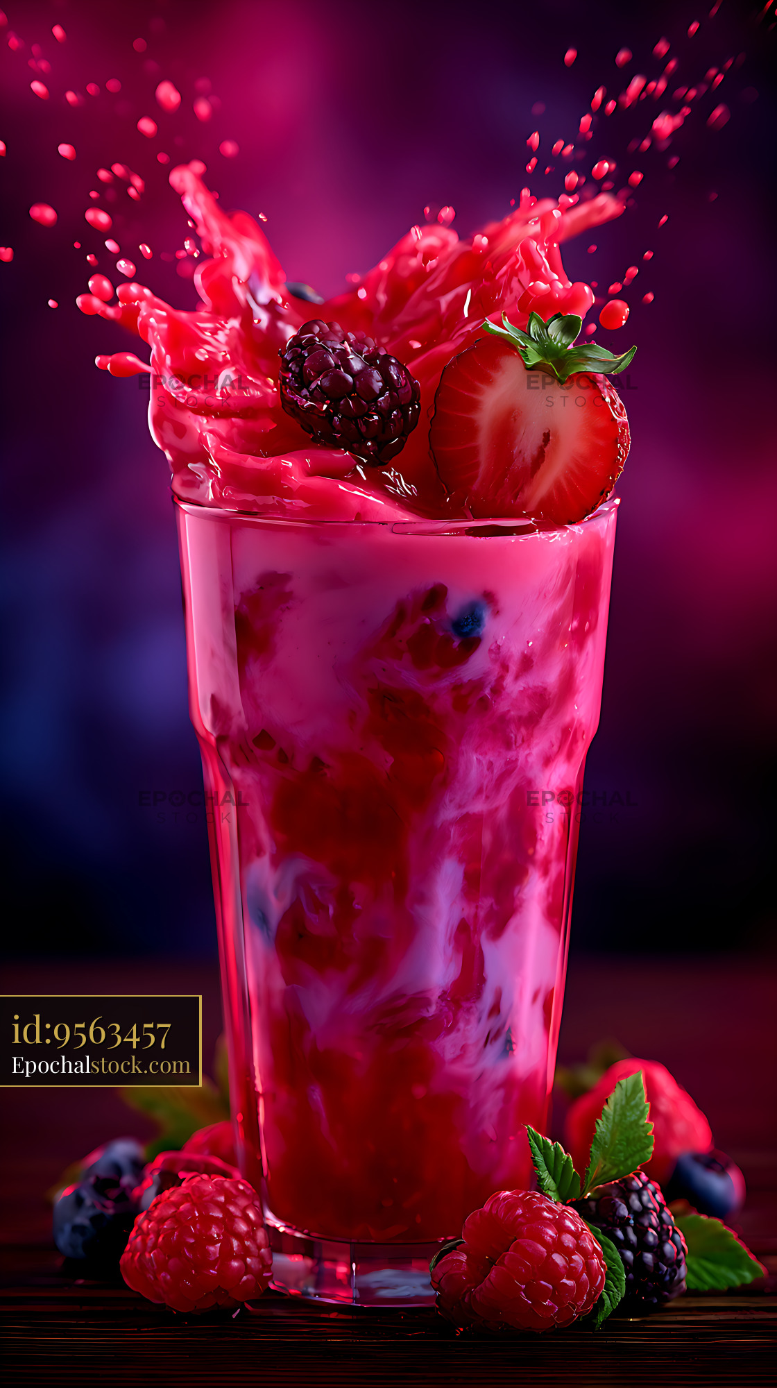 Watermarked full-resolution preview of Colorful berry drink with fruit splash and berries