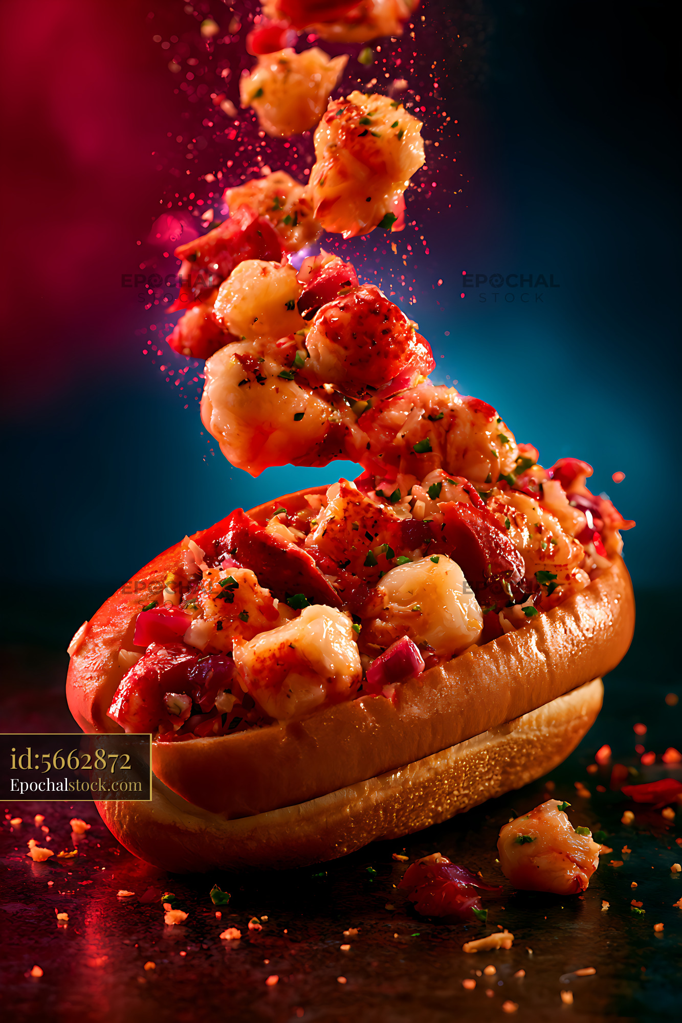 Watermarked full-resolution preview of Dramatic lobster seafood sandwich with scattered ingredients