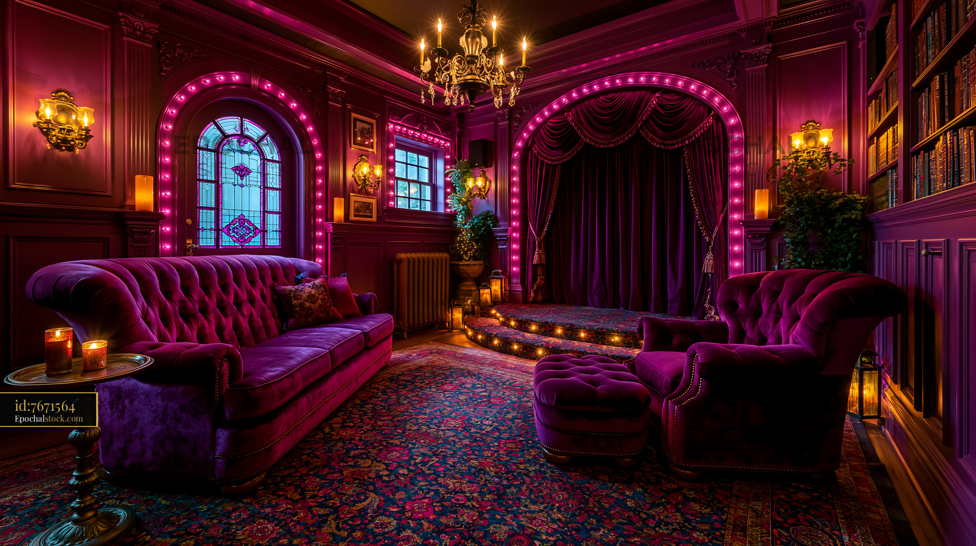 Watermarked full-resolution preview of Cozy lounge with purple decor and dramatic lighting in an elegant room