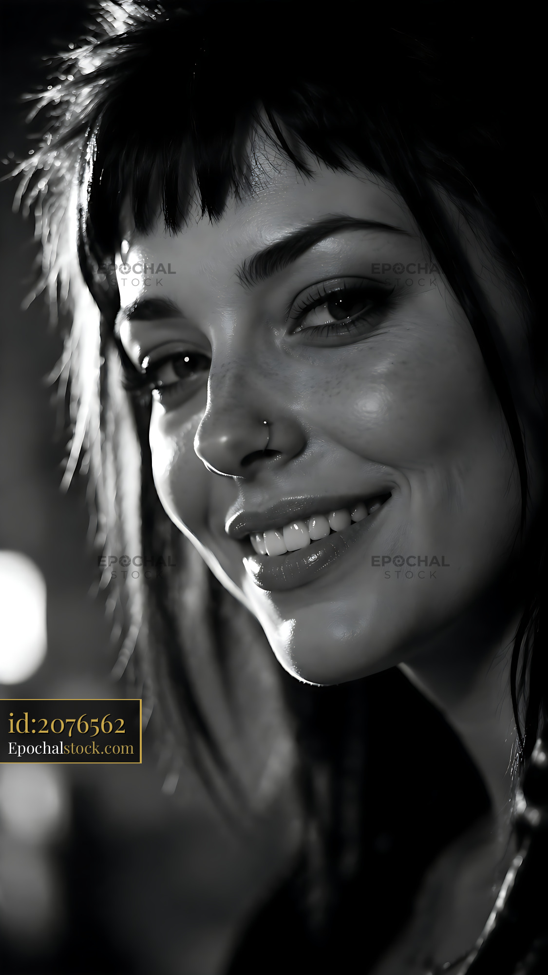 Watermarked full-resolution preview of Smiling woman with dark hair and nose piercing in black and white