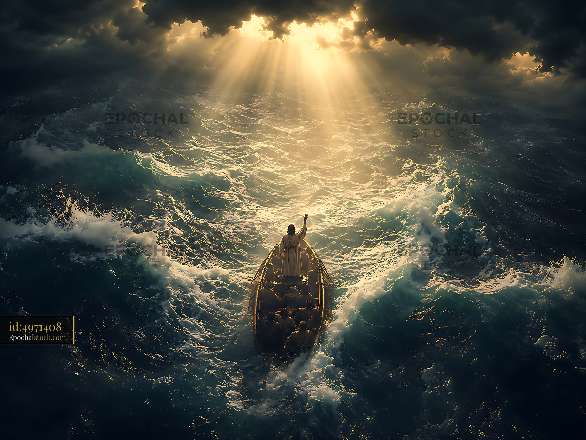 Watermarked full-resolution preview of Rower on turbulent sea under rays of light