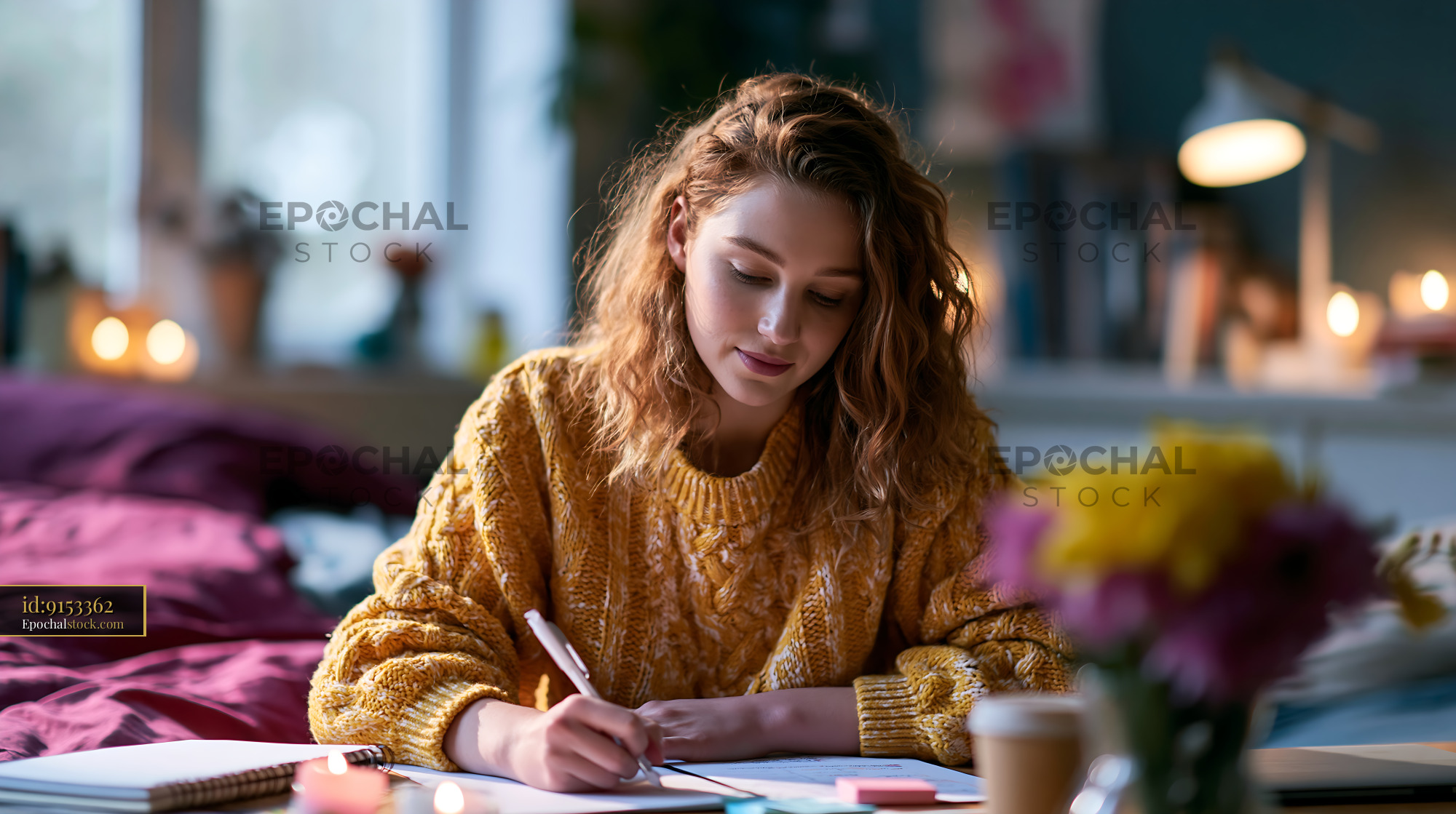 Watermarked full-resolution preview of Woman writing in a cozy setting with flowers and warm lighting