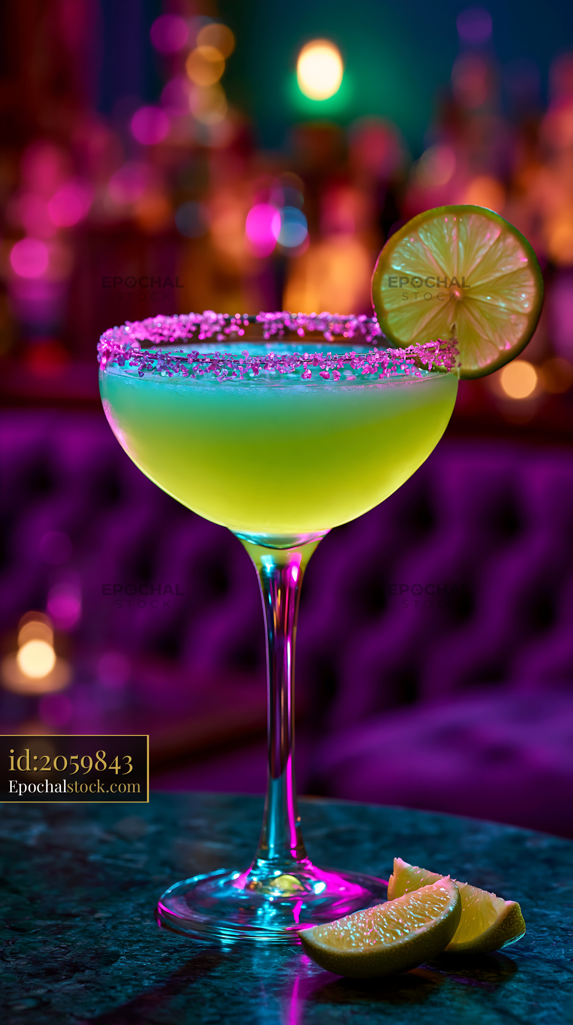 Watermarked full-resolution preview of Bright green cocktail with lime slice and salt rim