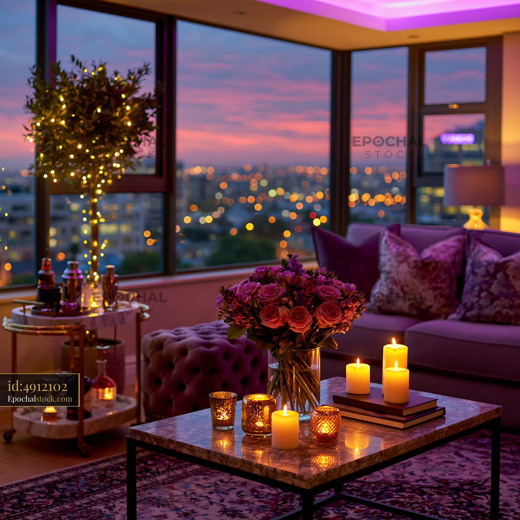 Watermarked full-resolution preview of Cozy candlelit living room overlooking a city at sunset