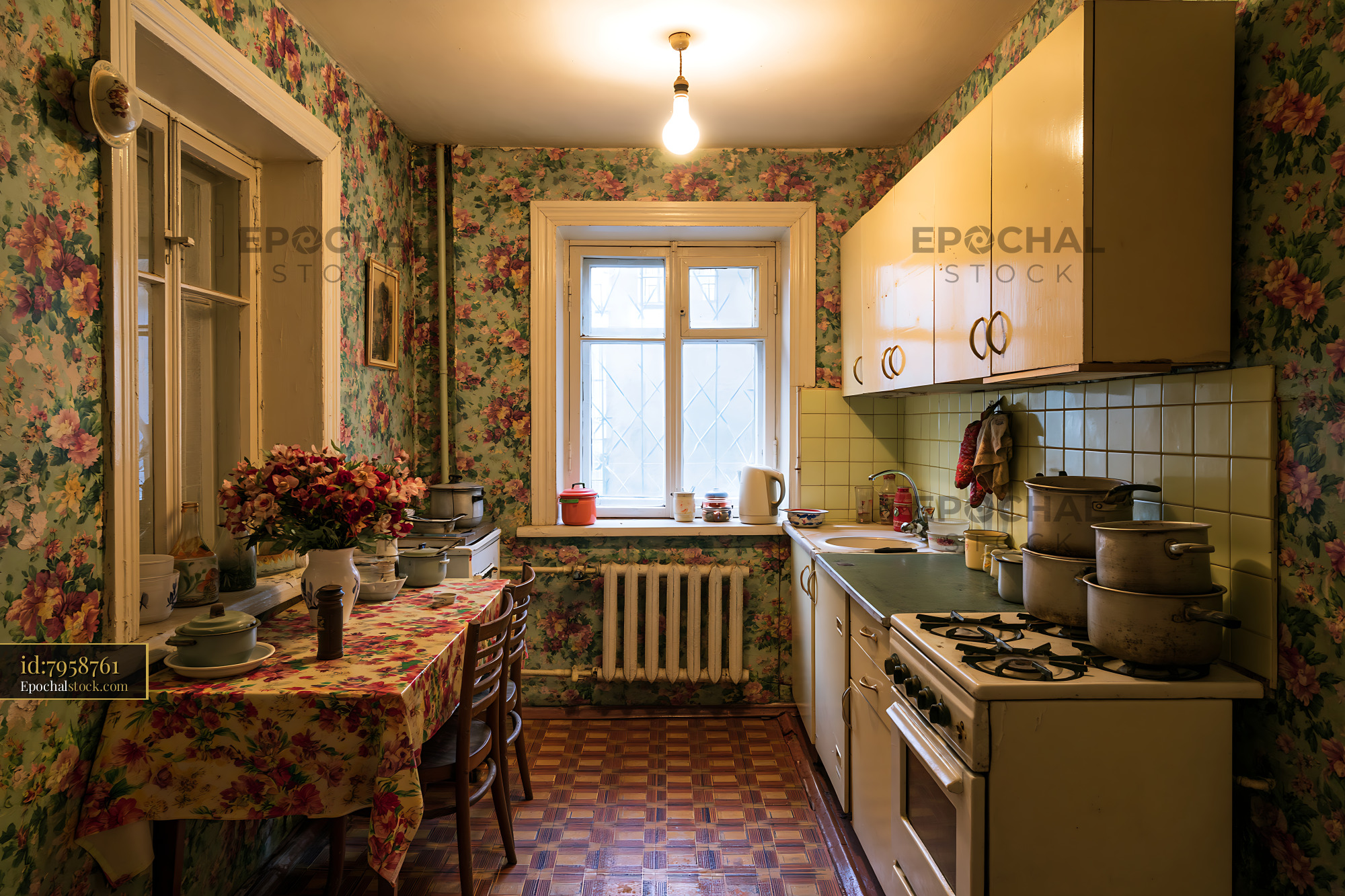Watermarked full-resolution preview of Cozy kitchen with floral wallpaper and cooking equipment