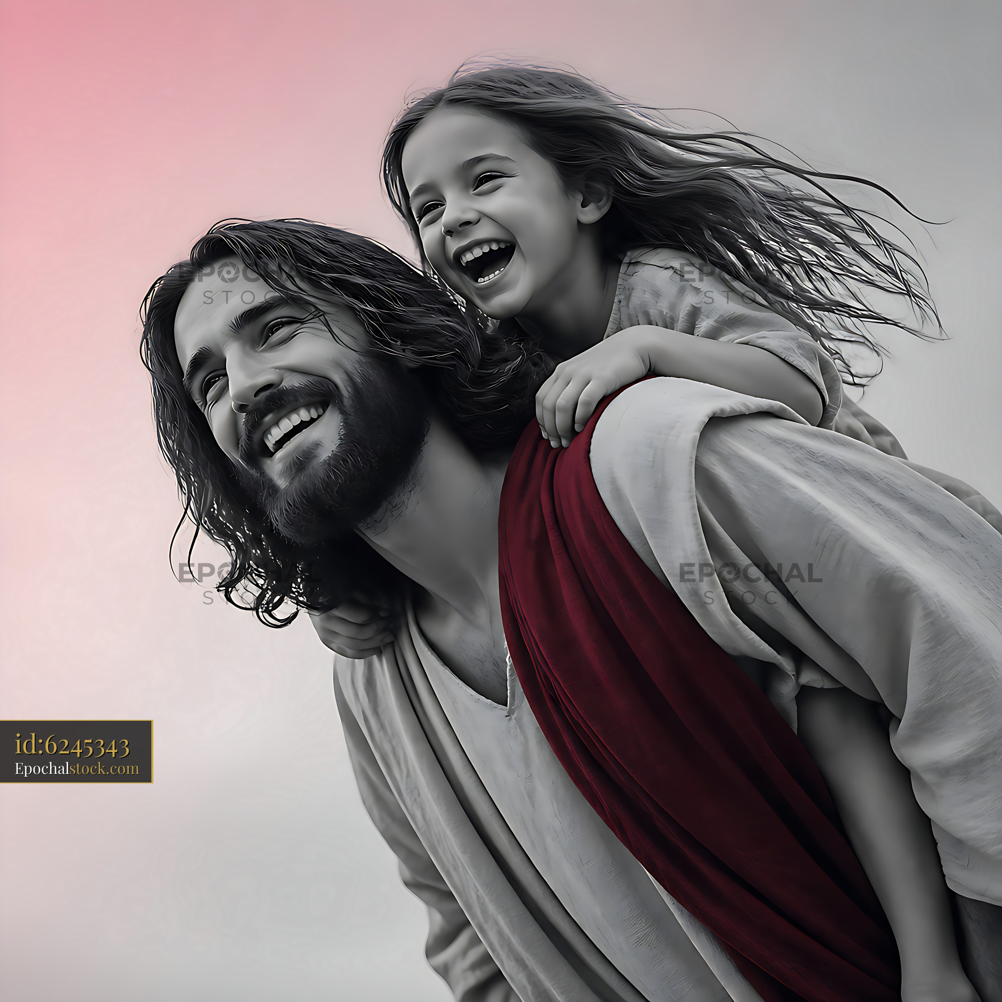 Watermarked full-resolution preview of Smiling man gives child a piggyback ride outdoors