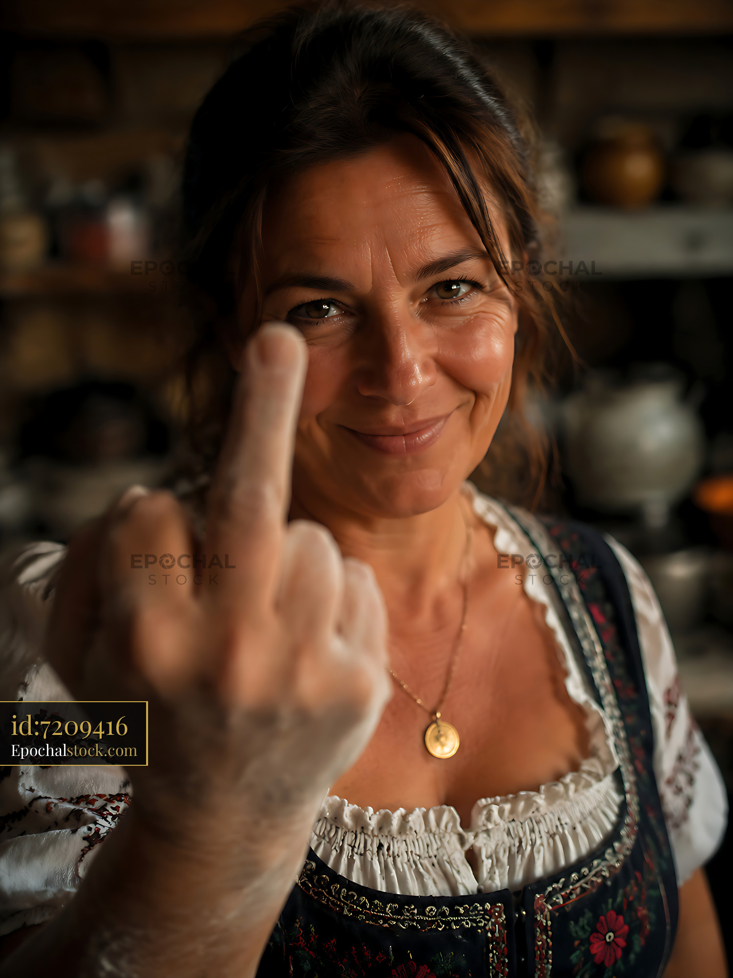 Watermarked full-resolution preview of Woman showing middle finger with smile in kitchen