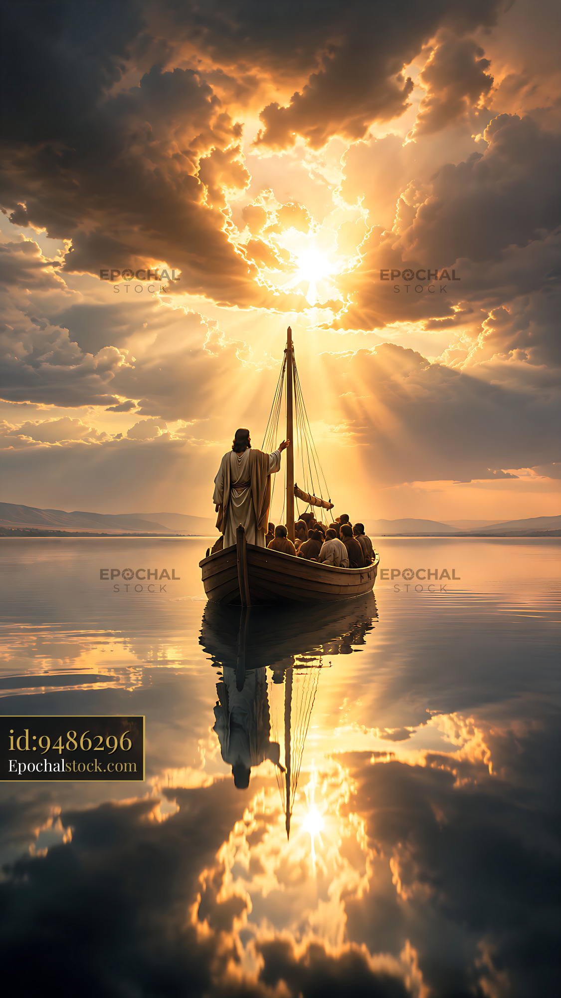 Watermarked full-resolution preview of Boat with people under a sunset sky with reflective water