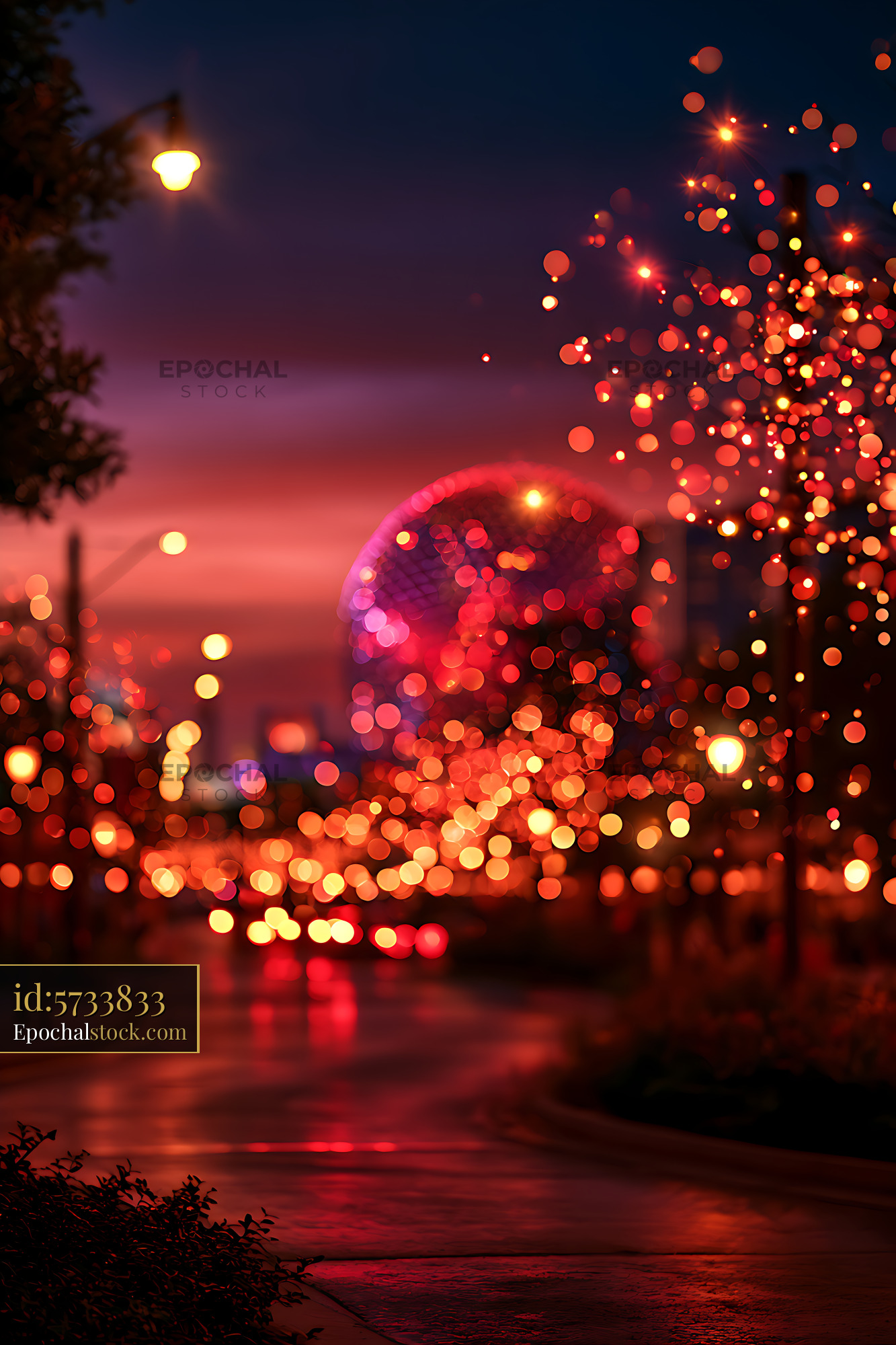 Watermarked full-resolution preview of Colorful Defocused Lights Reflecting on Wet Pavement