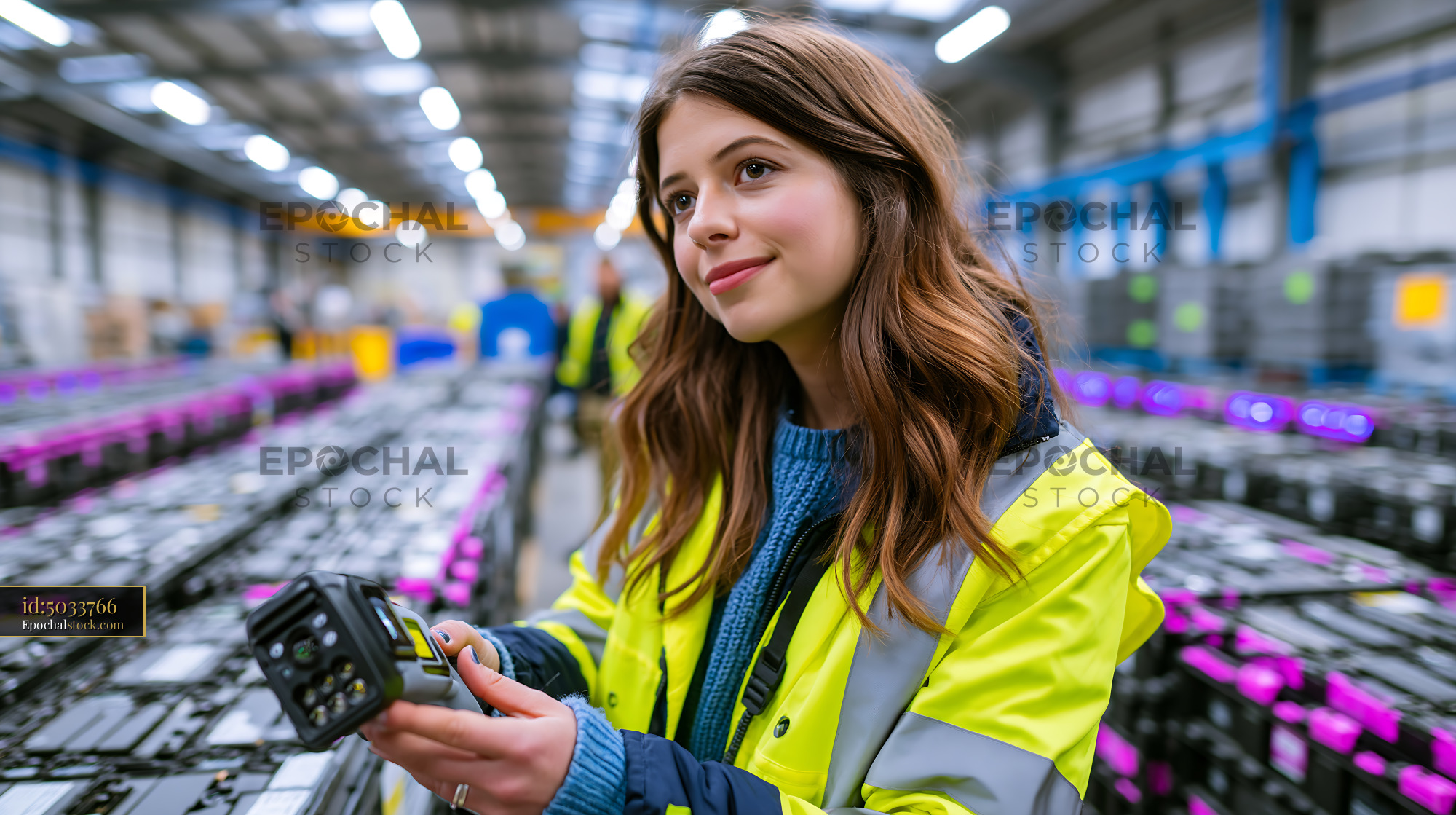 Watermarked full-resolution preview of Woman working in warehouse with electronic equipment