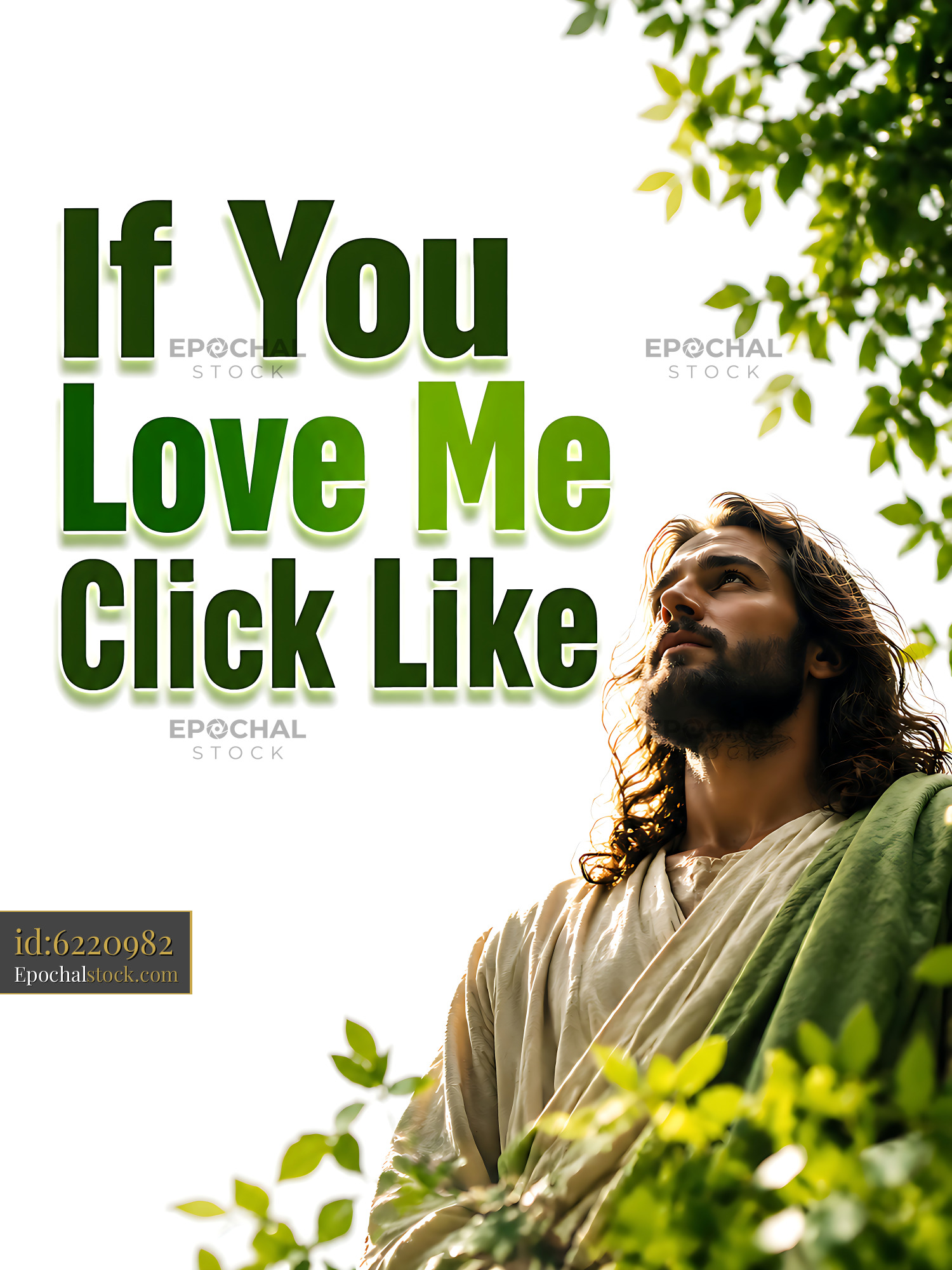 Man in a White Robe Surrounded by Green Leaves Looking Up - stock photo