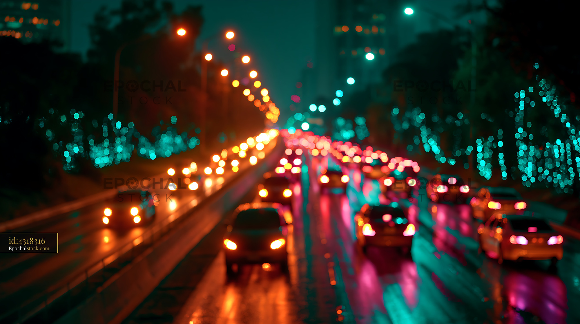 Cars Travel on Busy Road at Night With Colorful Lights Shining - stock photo