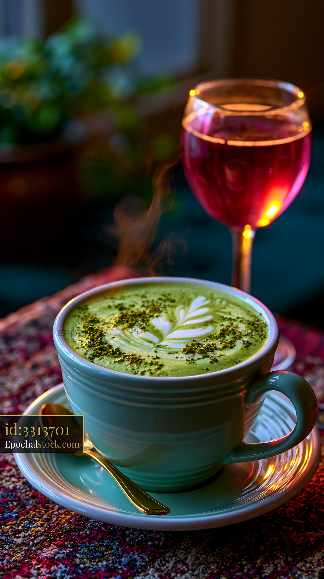 Watermarked full-resolution preview of Coffee and drink on table with steam rising from cup