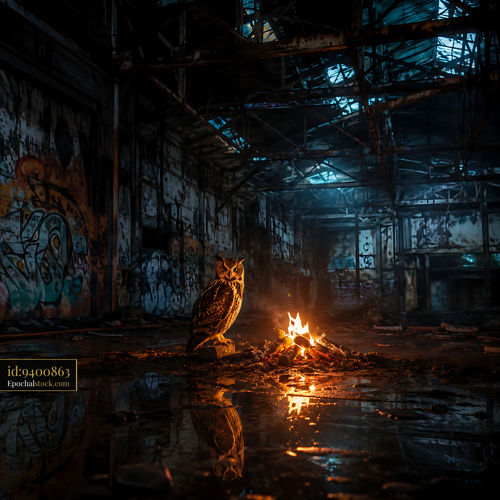 Watermarked full-resolution preview of Owl near fire in abandoned industrial building