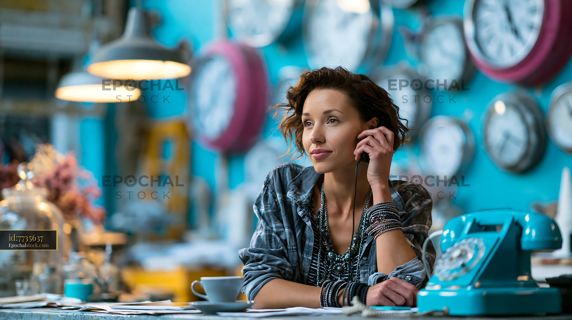 Watermarked full-resolution preview of Woman sitting in a cafe surrounded by clocks and decor