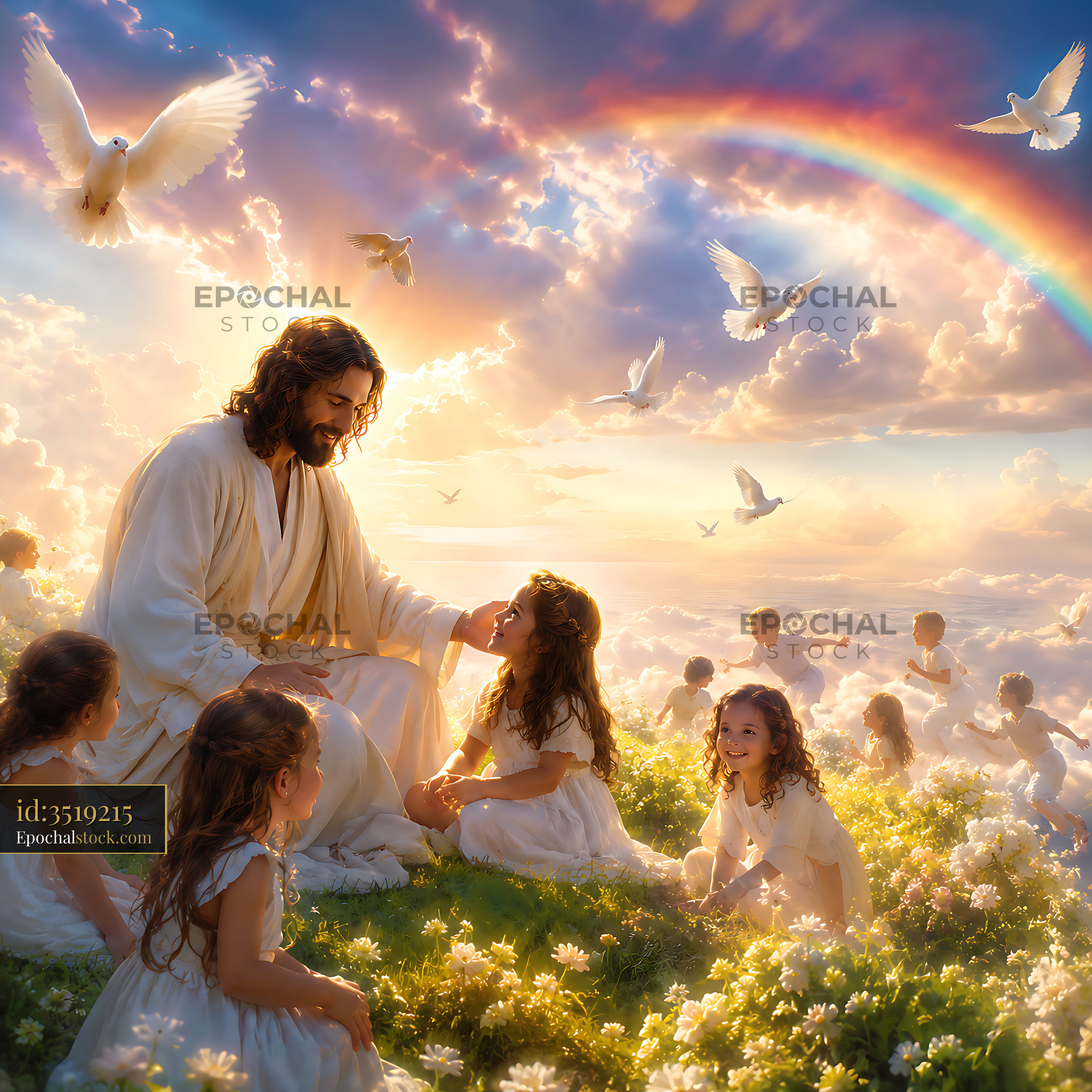 Jesus With Children in a Bright Scene With Clouds and Rainbow - stock photo