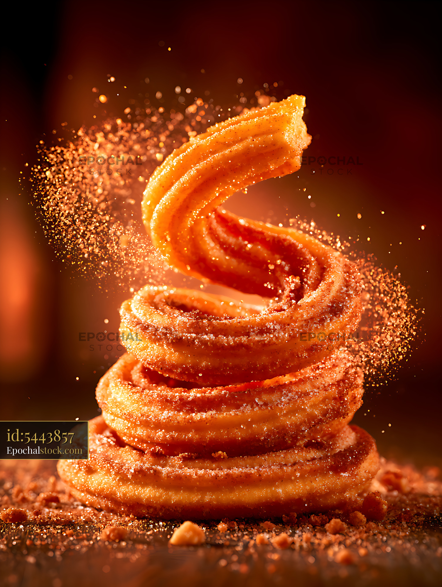 Watermarked full-resolution preview of Golden fried pastry stack with sugar and scattered crumbs