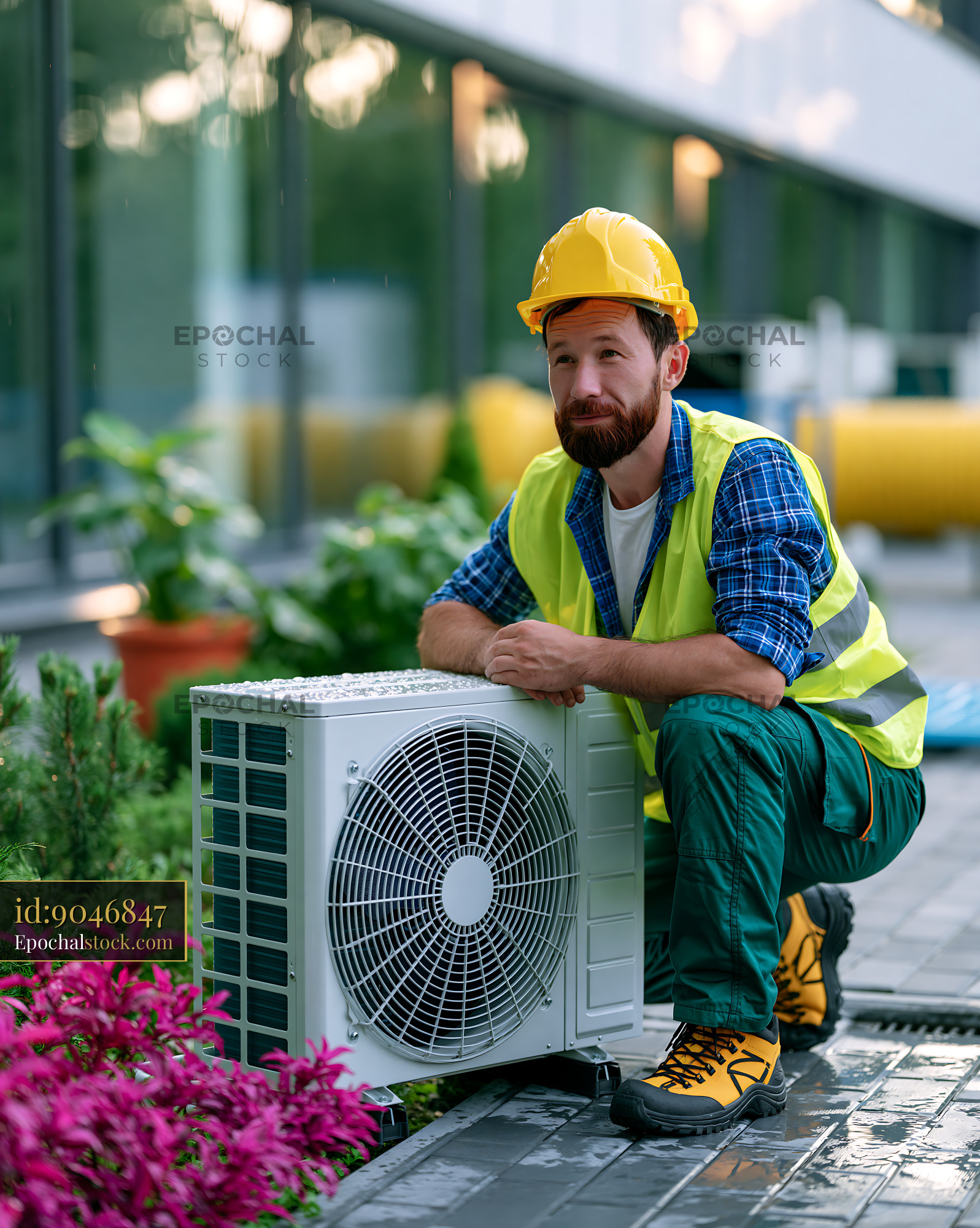 Watermarked full-resolution preview of Worker installs air conditioning unit outside a building