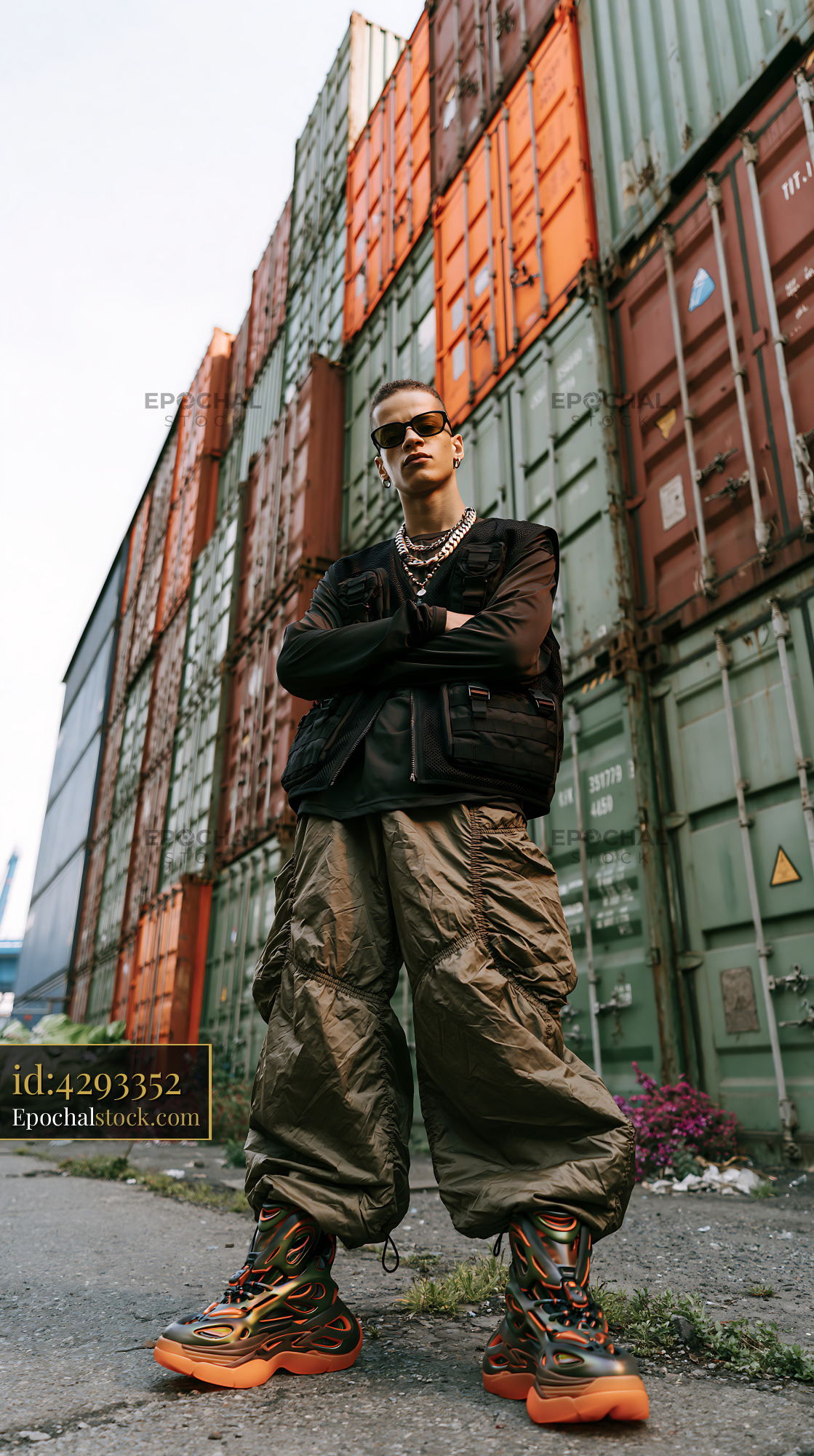 Watermarked full-resolution preview of Young person standing confidently in front of shipping containers