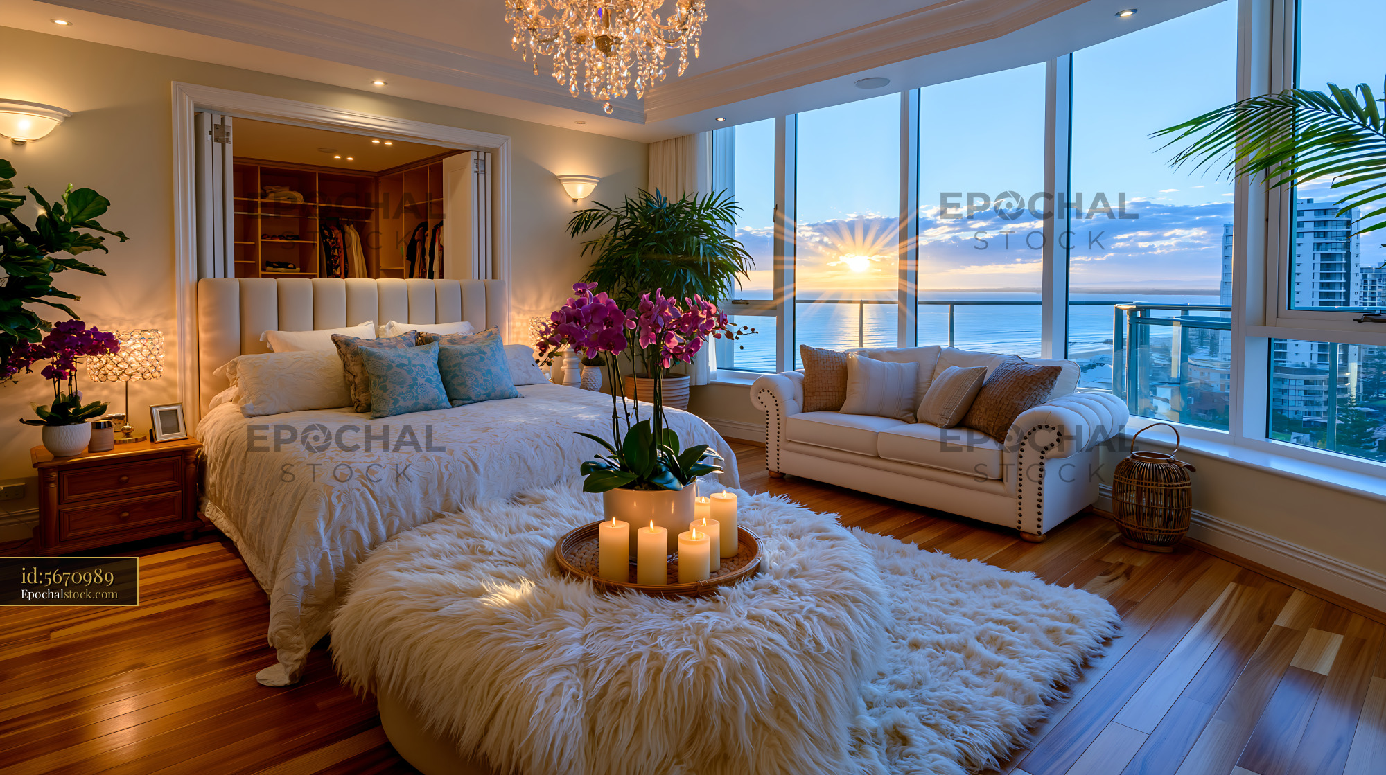 Watermarked full-resolution preview of Modern bedroom with sunset view in high-rise apartment