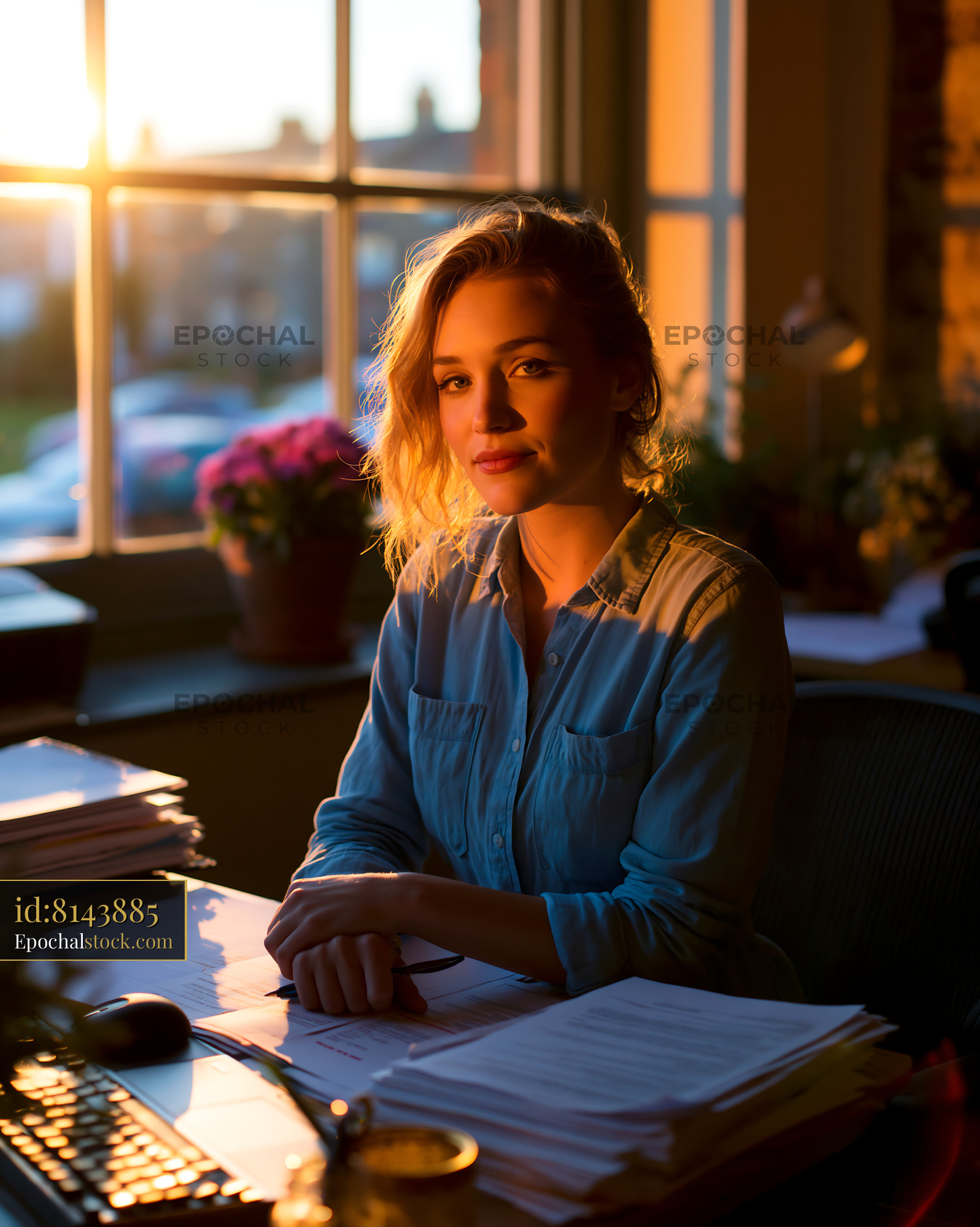 Watermarked full-resolution preview of Woman sitting at desk in warm light during sunset at home