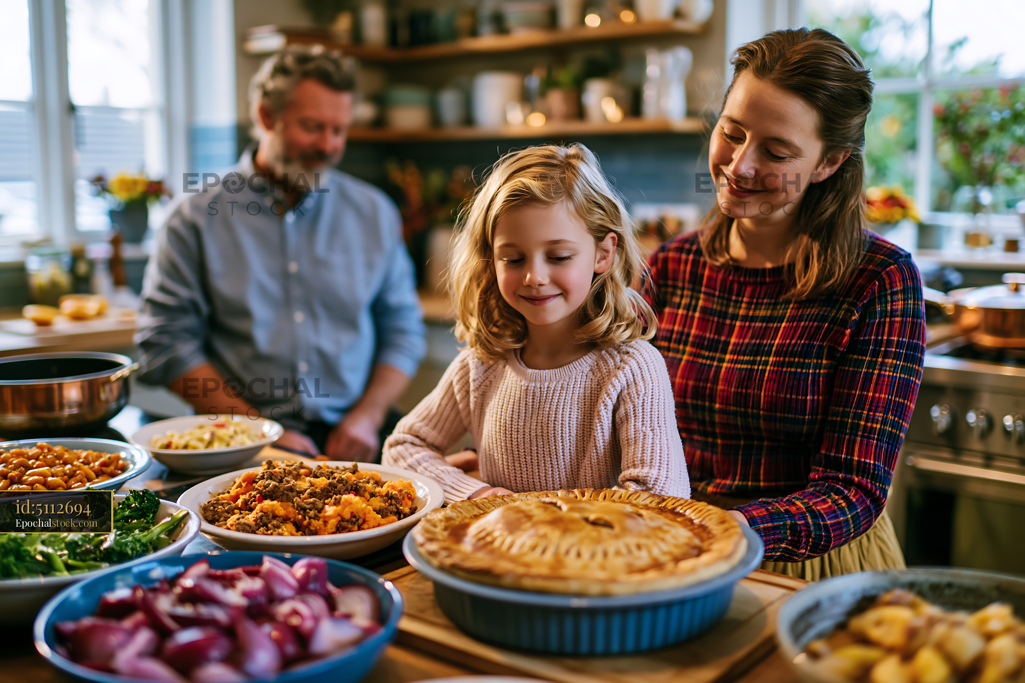 Watermarked full-resolution preview of Family gathering around dinner table with homemade food