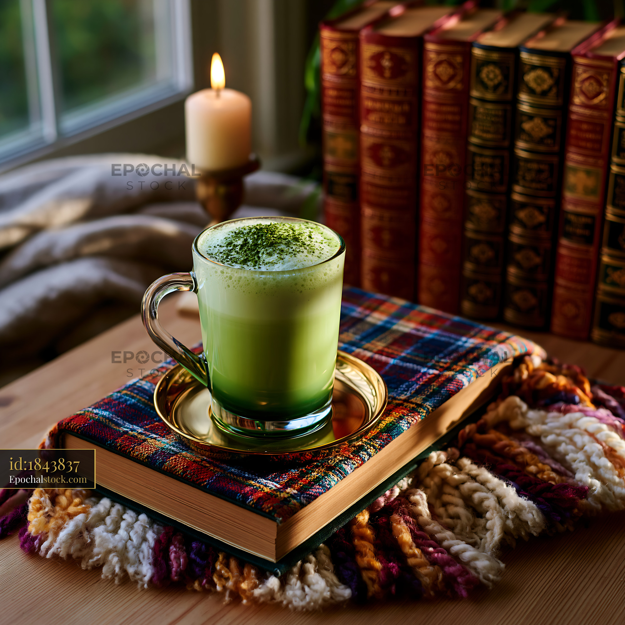 Watermarked full-resolution preview of Warm drink on a book with candlelight in cozy setting