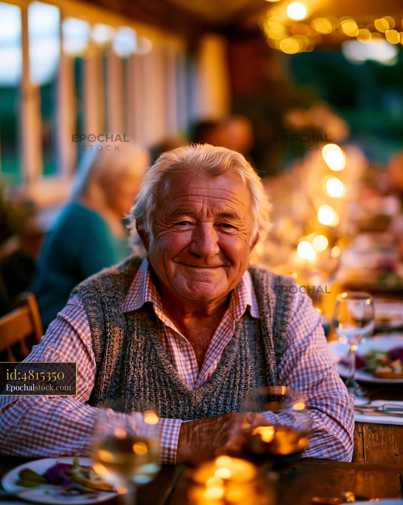 Watermarked full-resolution preview of Smiling senior man at outdoor dinner gathering with warm lights
