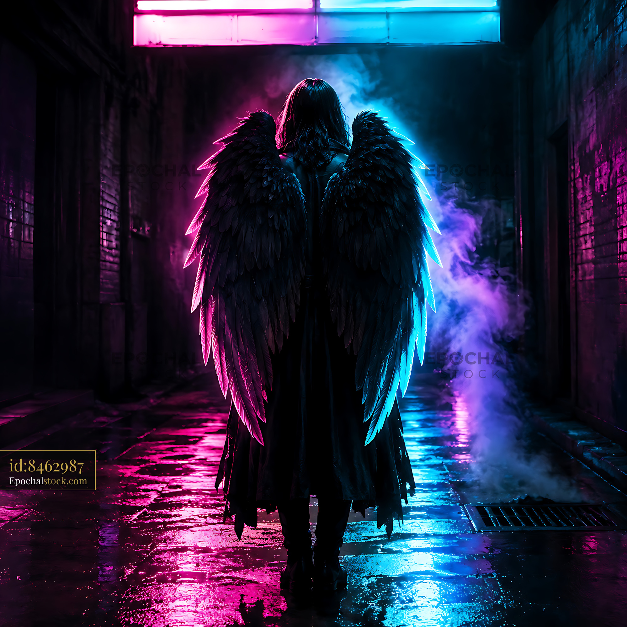 Watermarked full-resolution preview of Person wearing wings in neon-lit alley at night