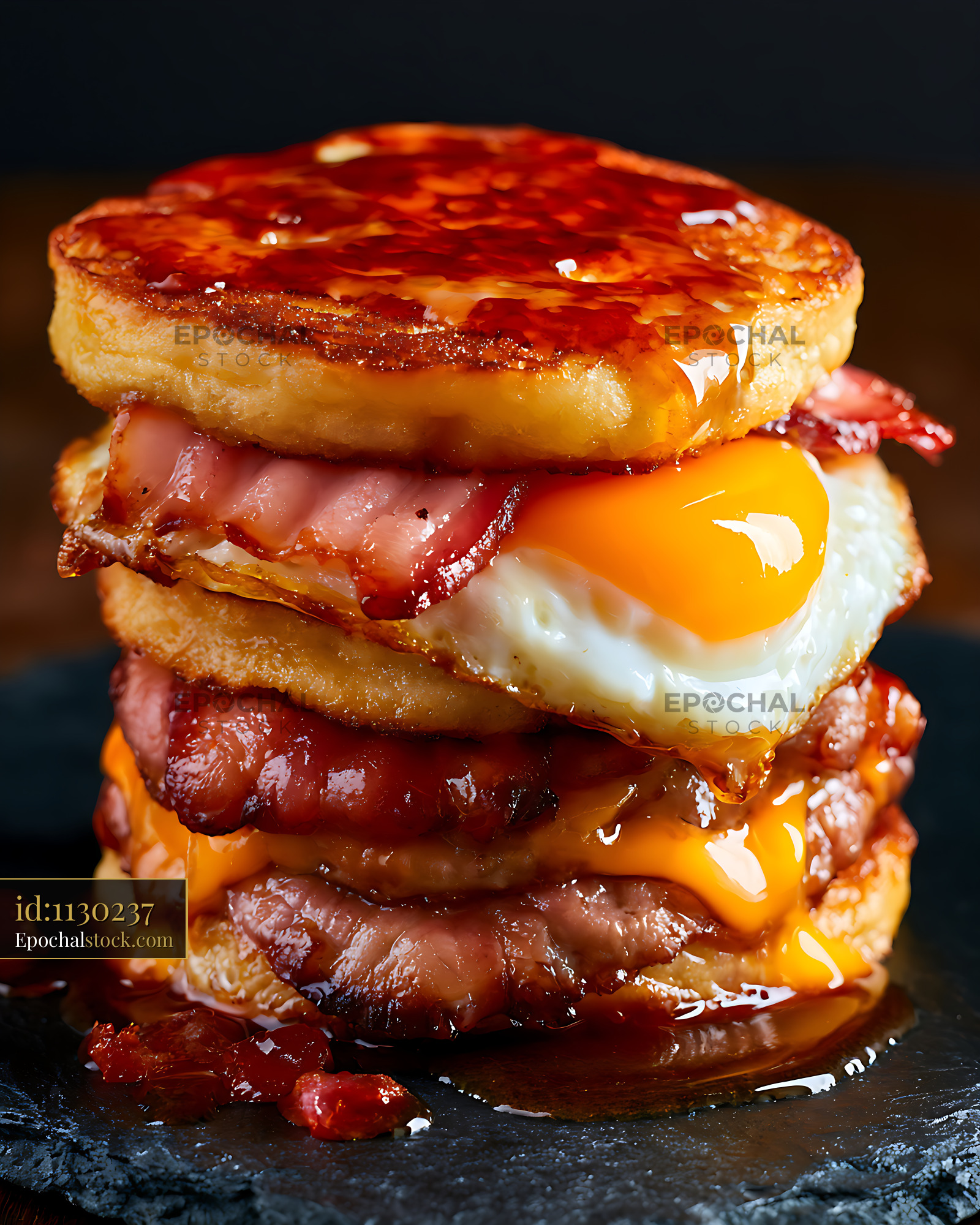 Watermarked full-resolution preview of Close-up stacked breakfast sandwich with egg and bacon